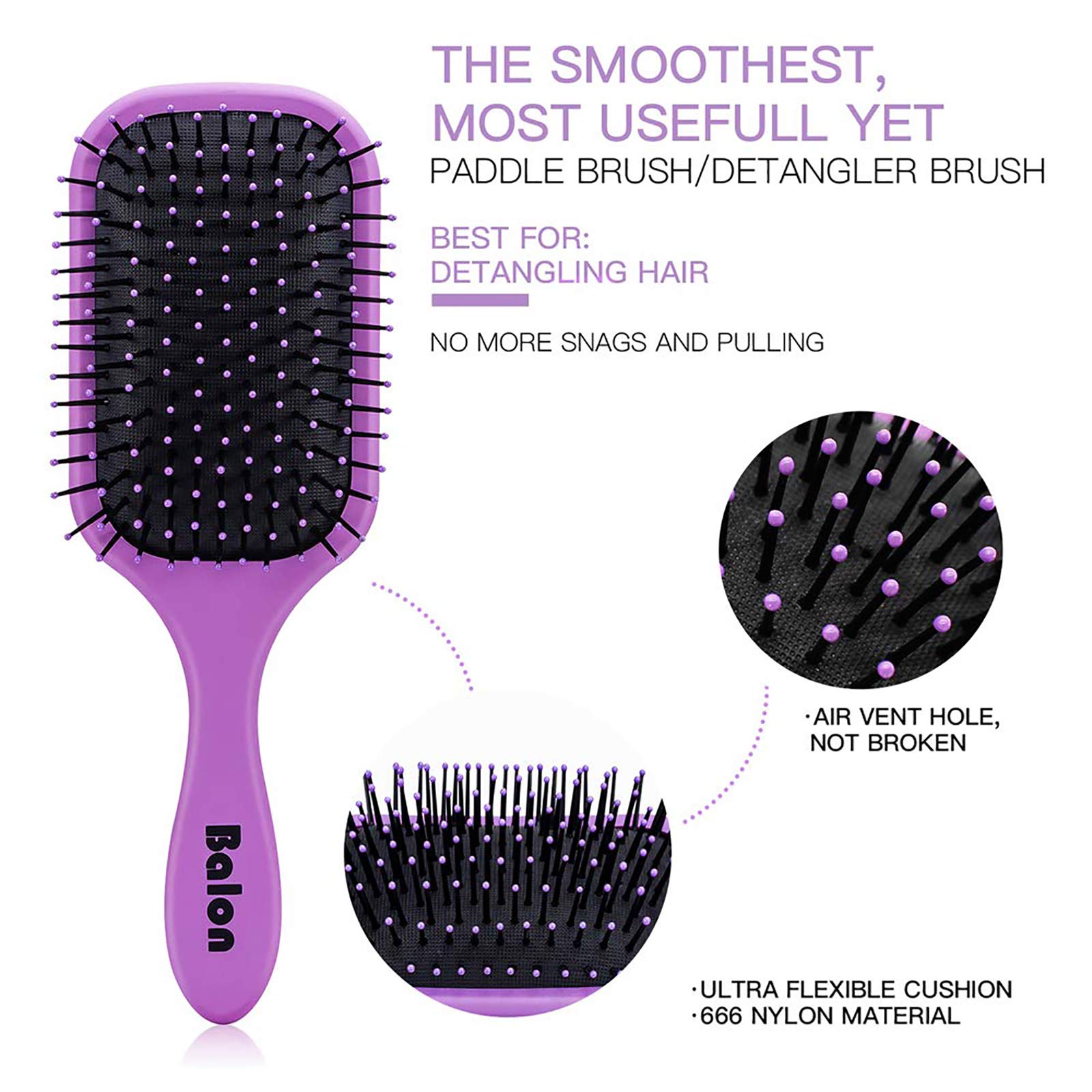 4Pcs Hair Brush Set for Women - Detangling Paddle Brush & Comb for Wet or Dry Hair - No Tangle Hair Care for Straight, Long, Thick, Curly & Natural Hair (Purple) - Perfect for Daily Styling, Salon Use & Travel Essentials