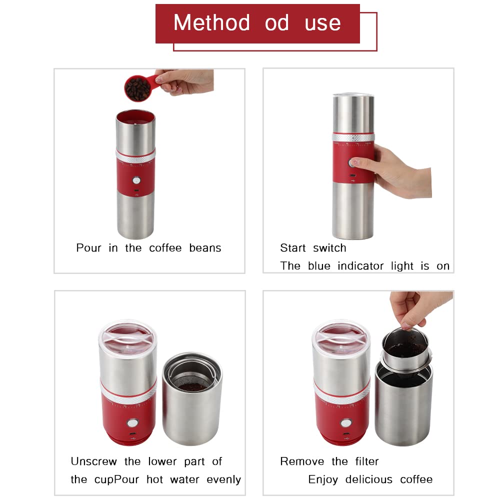 Premium Portable Electric Conical Burr Coffee Grinder - USB Rechargeable Stainless Steel Spice & Bean Grinder with 15 Adjustable Settings (Red) - Perfect for Home, Office & Travel Coffee Brewing