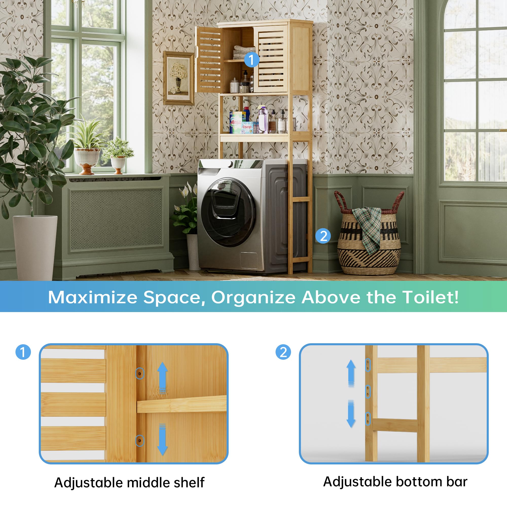 SMIBUY Over The Toilet Storage Cabinet - 2 Door Bamboo Bathroom Organizer with Adjustable Shelves | Freestanding Space Saver Toilet Rack for Small Bathrooms | Perfect for Towels, Toiletries & Bathroom Essentials (Natural)