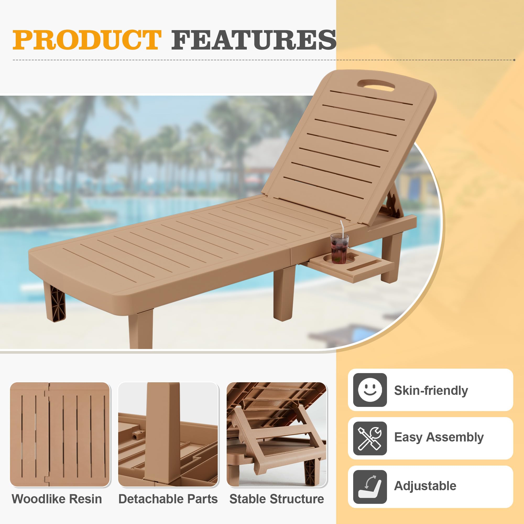 UDPATIO Oversized Waterproof Resin Pool Lounge Chairs Set of 2 - Adjustable 5-Level Backrest with Cup Holder Tray - Perfect for Patio, Lawn, Beach, Backyard, Deck & Poolside Relaxation