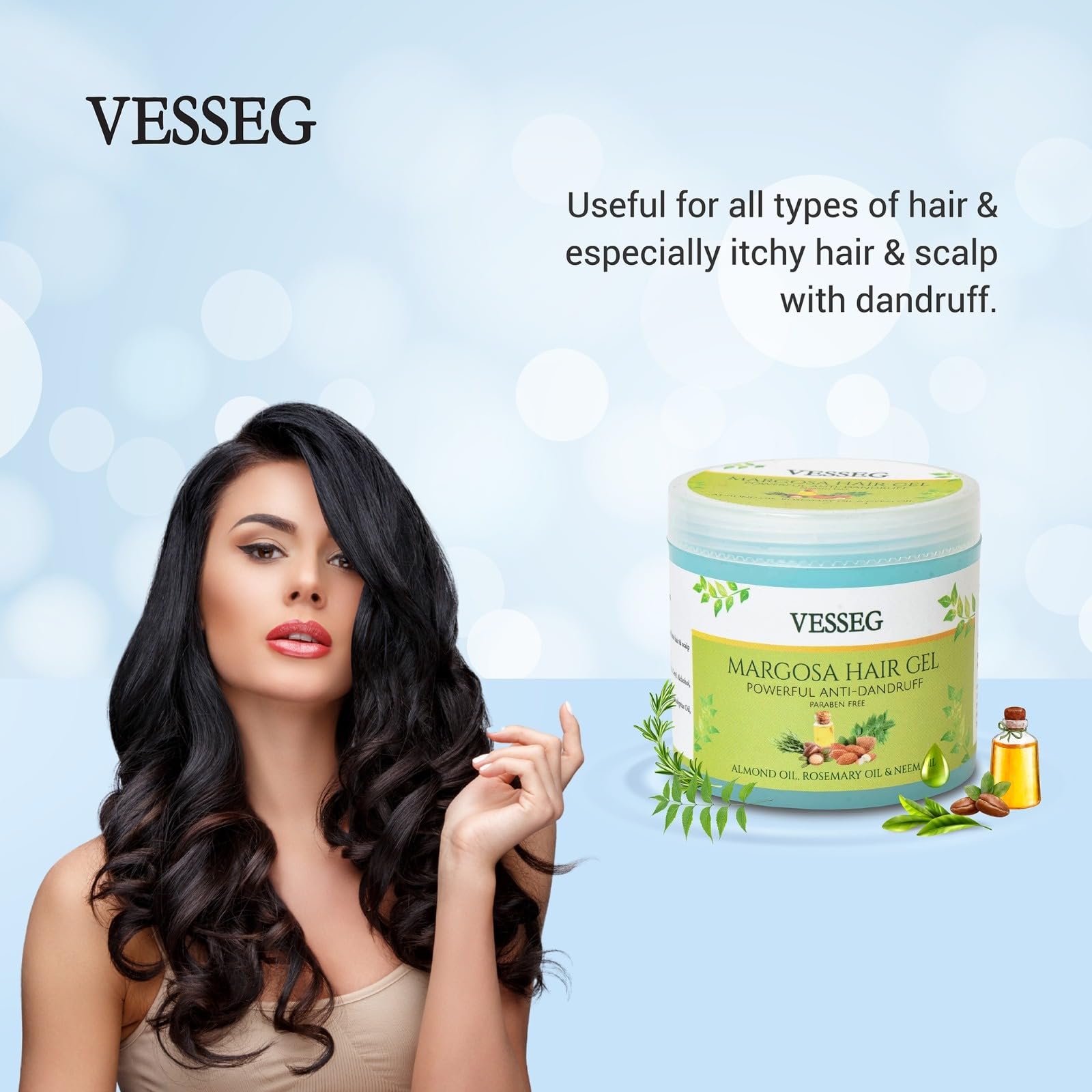 VESSEG Margosa Hair Gel - Anti Dandruff Styling Gel with Almond, Rosemary & Neem Oil | Paraben Free (100g) | Perfect for Daily Hair Care & Styling for Men & Women