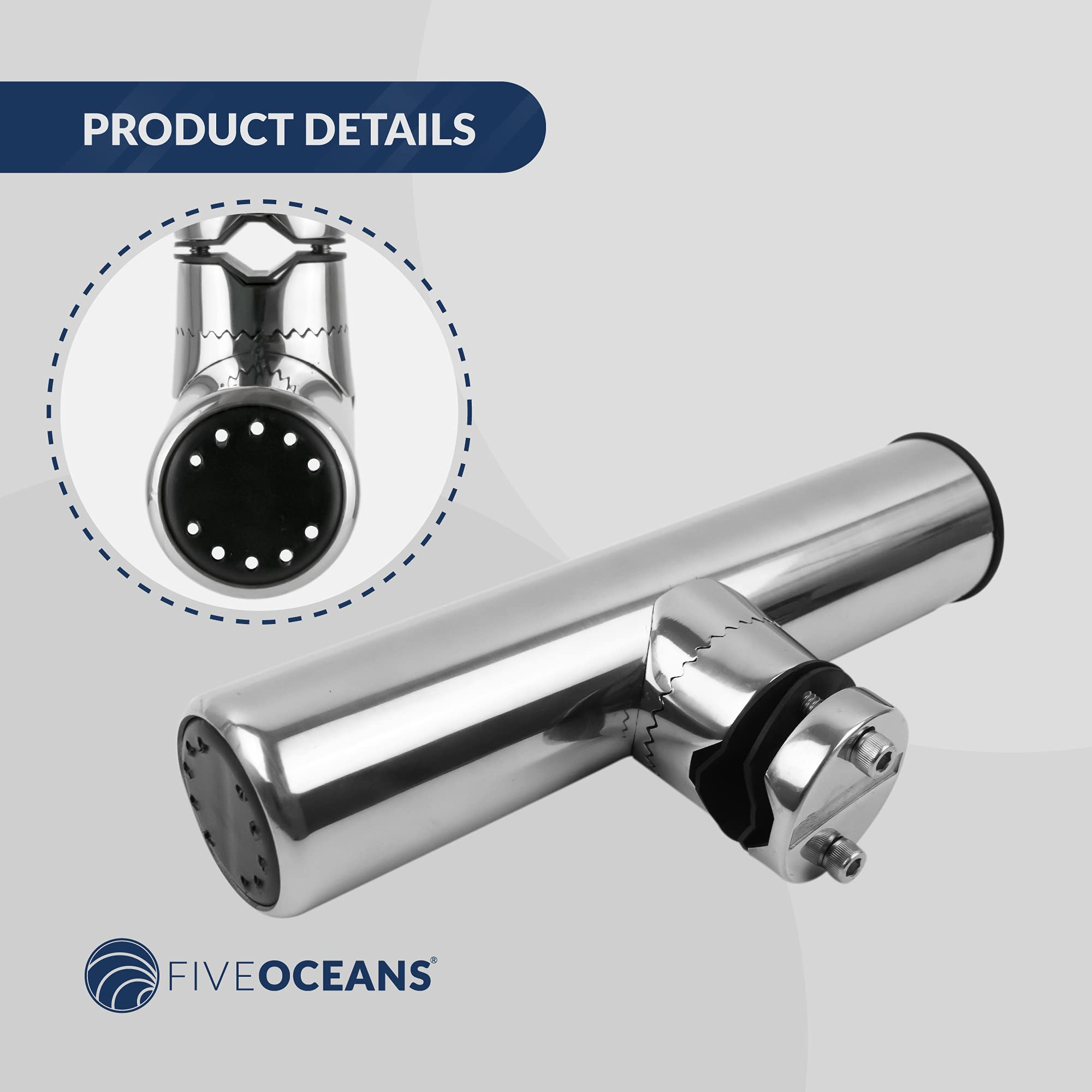 Five Oceans Adjustable Fishing Rod Holder - 15/30/90 Degree Boat Rod Mount with Heavy Duty Clamp | Secure Rod Storage for Kayak, Pontoon & Offshore Fishing | Saltwater & Freshwater Use