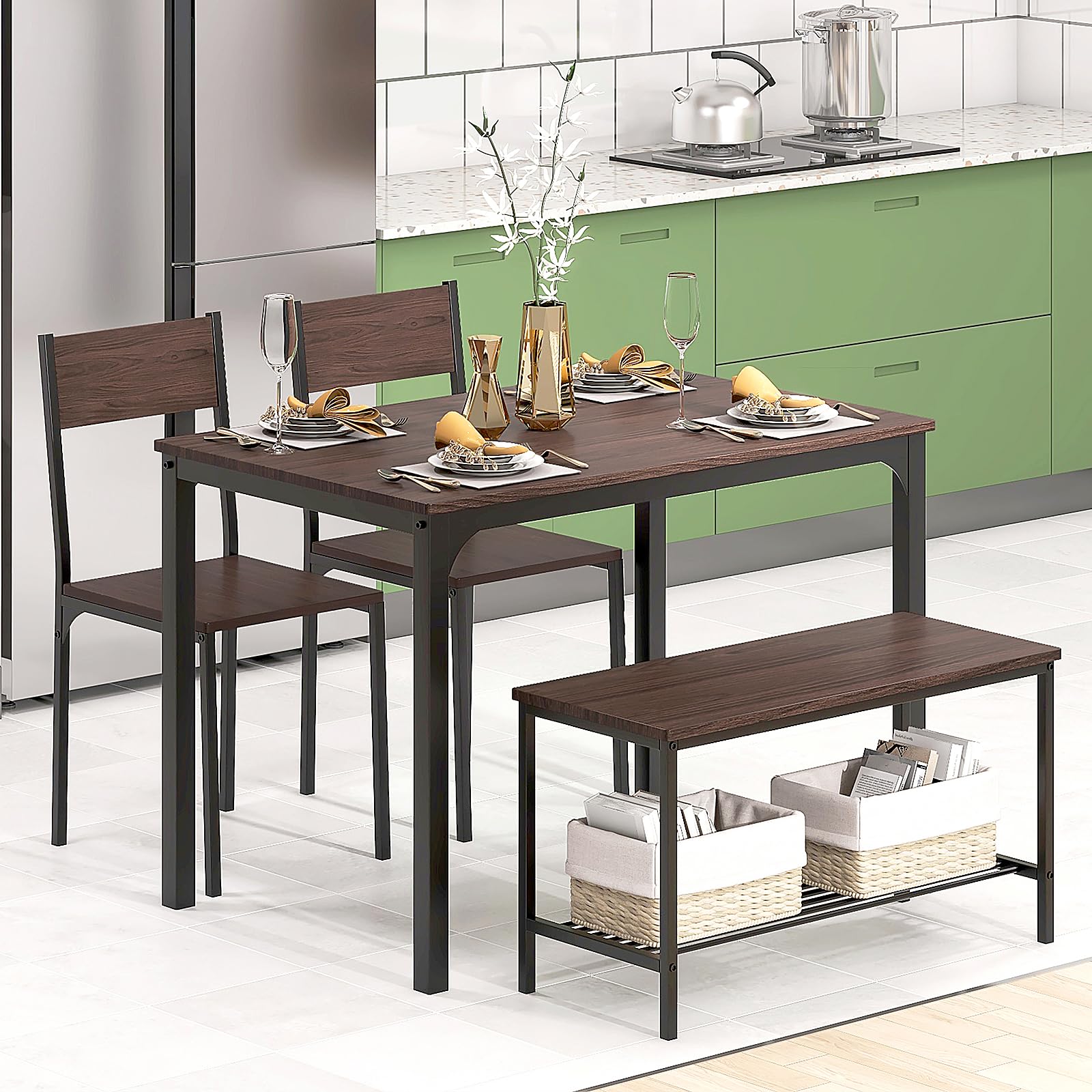 DLandHome 4-Piece Rustic Oak Dining Table Set with 2 Chairs & 2 Benches - Space-Saving Rectangular Kitchen Table for Small Homes & Apartments - Perfect for Family Dinners, Breakfast Nooks & Compact Dining Spaces