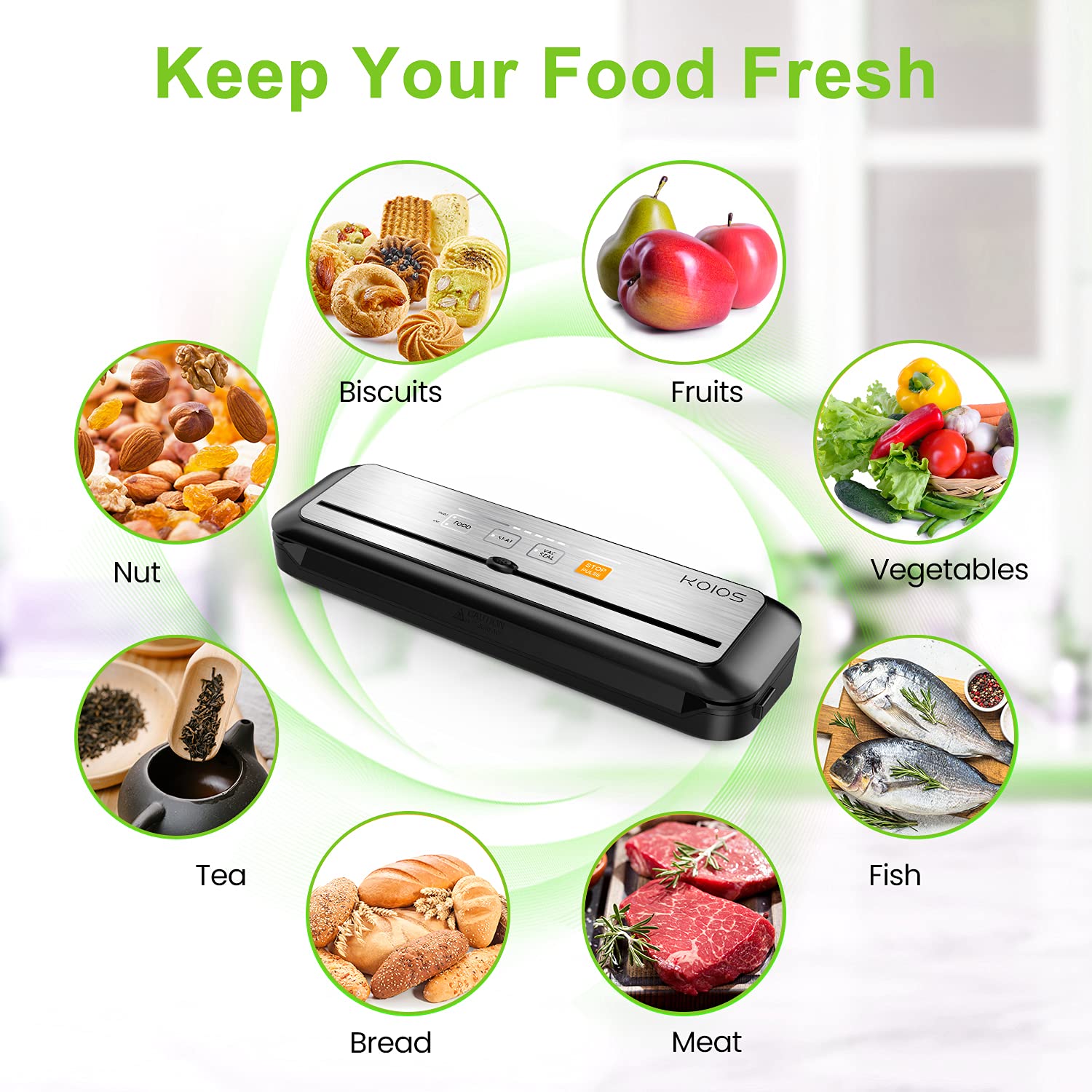 KOIOS 90Kpa Automatic Vacuum Sealer Machine with Cutter - 8-in-1 Food Saver for Dry & Moist Foods | Compact Design, LED Indicator, Pulse Function | Includes 10 Vacuum Bags | Perfect for Meal Prep, Sous Vide & Food Storage (Silver)