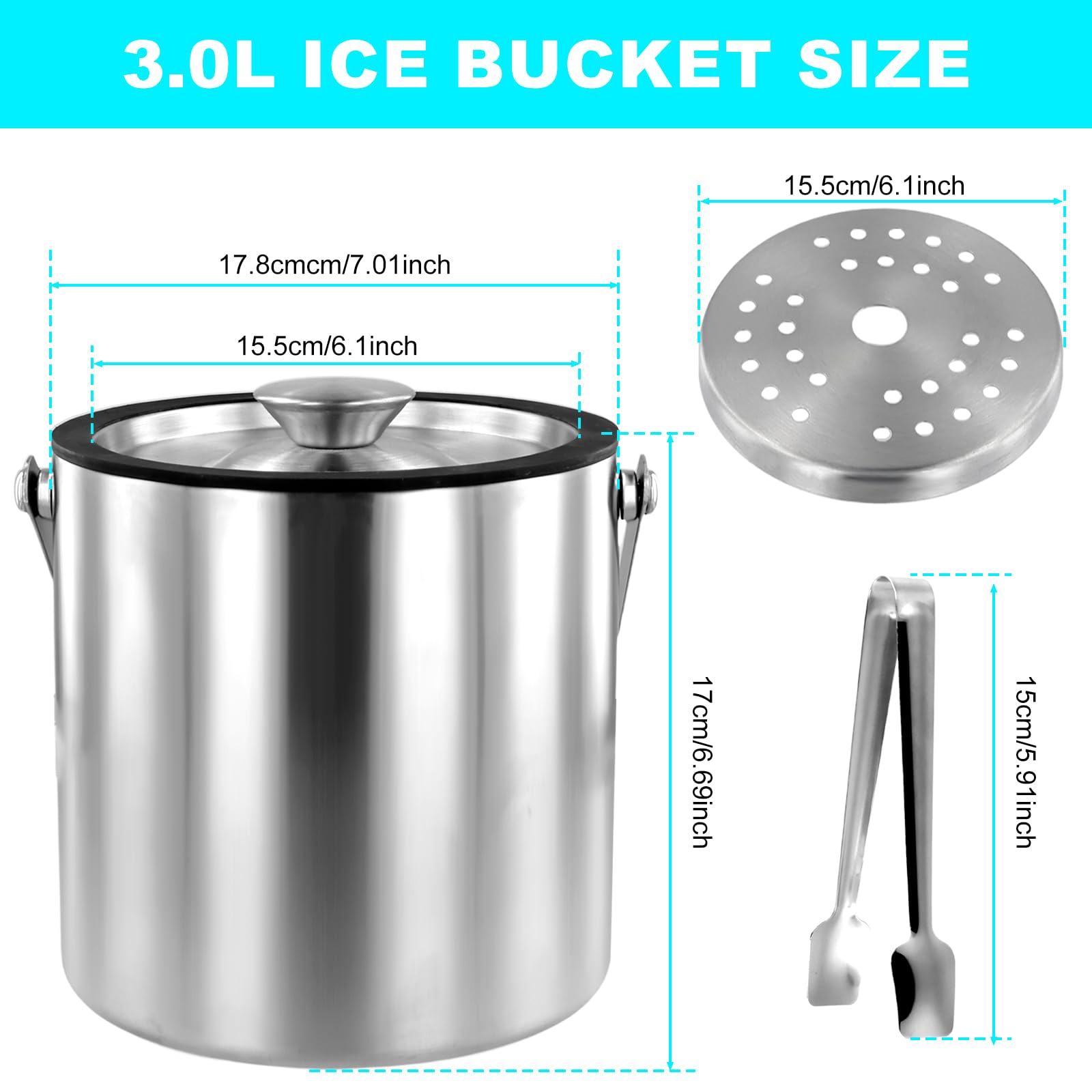 Premium Stainless Steel Ice Bucket with Lid - 3L Double-Walled Insulated Container with Strainer & Tong - Leakproof Silicone Cover for Cocktails, Wine, and Party Drinks - Perfect for Home Bars, Weddings, and Outdoor Gatherings (Silver)