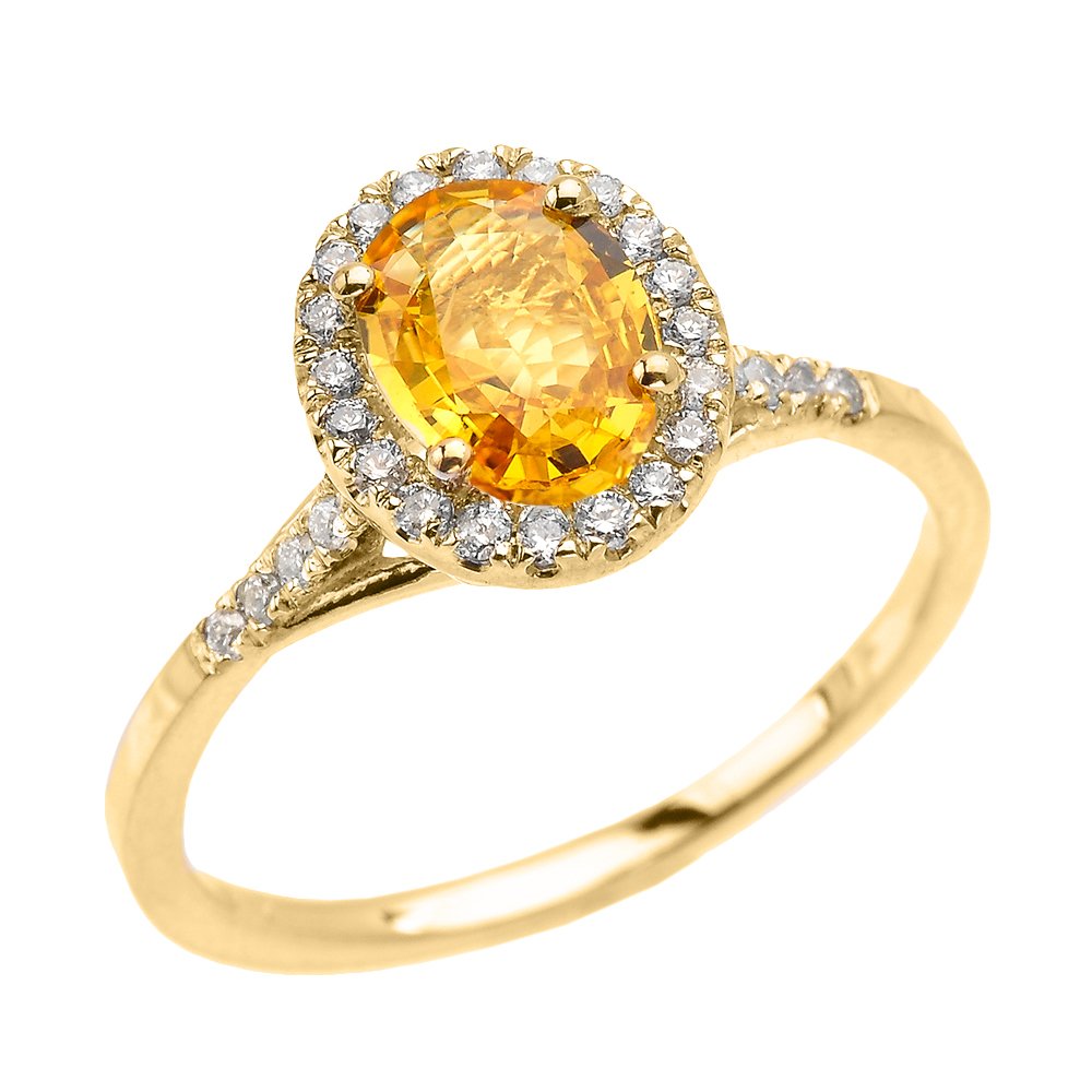 14K Yellow Gold Halo Diamond & Oval Yellow Sapphire Engagement Ring for Women - Elegant Proposal Wedding Jewelry Gift for Brides, Anniversaries & Special Occasions