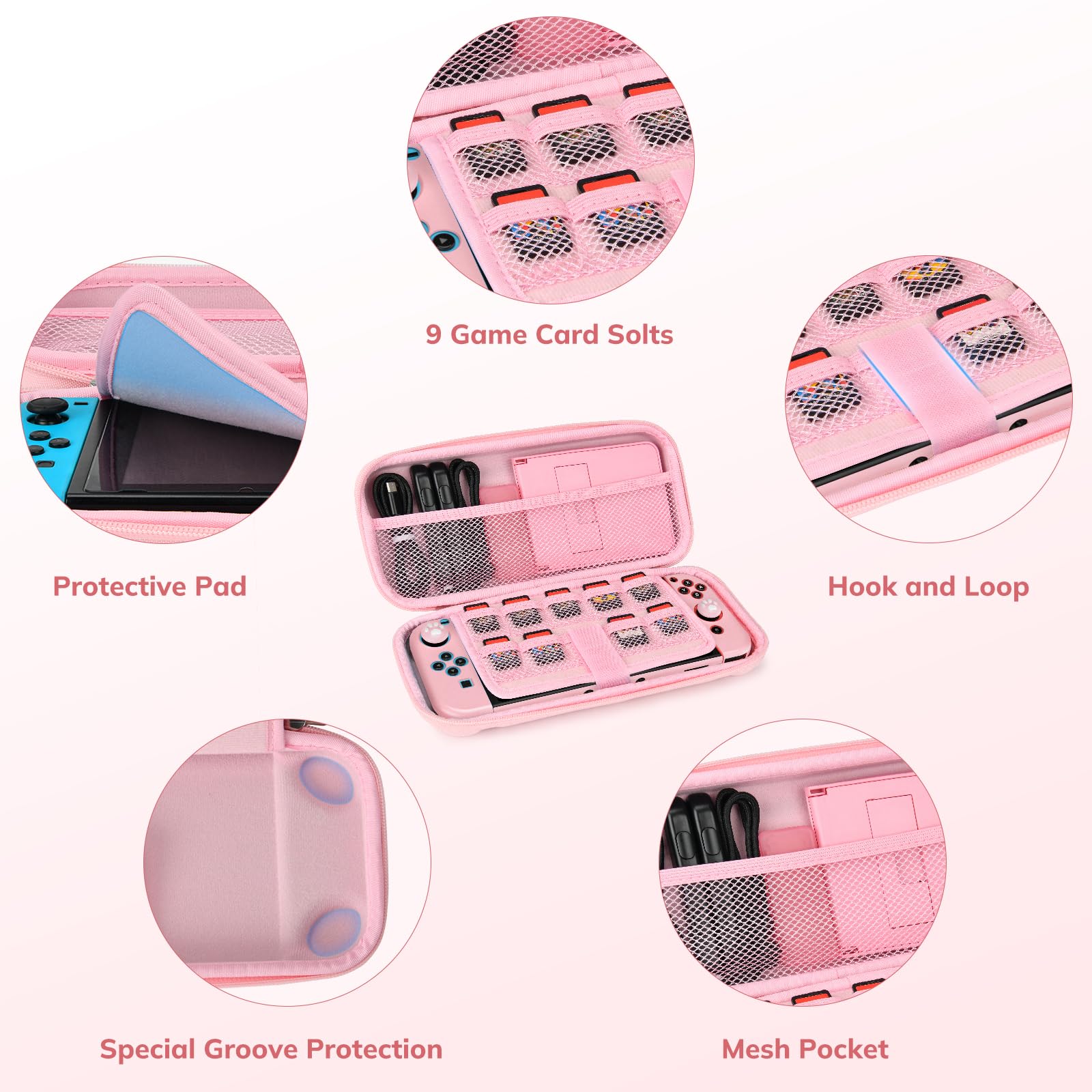 Younik Nintendo Switch Case for Switch 2017 - 14 in 1 Accessories Kit with Protective Cover, Screen Protector, Thumb Grips, Game Card Holder & Wrist Strap - Portable Travel Carrying Case (Pink Button Pattern) - Perfect for Gaming On-The-Go, Commuting & Travel Protection