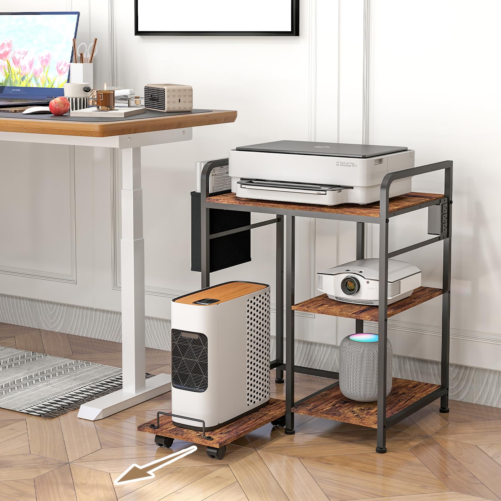 24x18 Inches Home Printer Stand with Charging Station - Large Printer & Shredder Stand with Storage Shelf - Rustic Brown Office Desk Organizer for Fax Machine, PC Tower - Perfect for Home Office Workspace