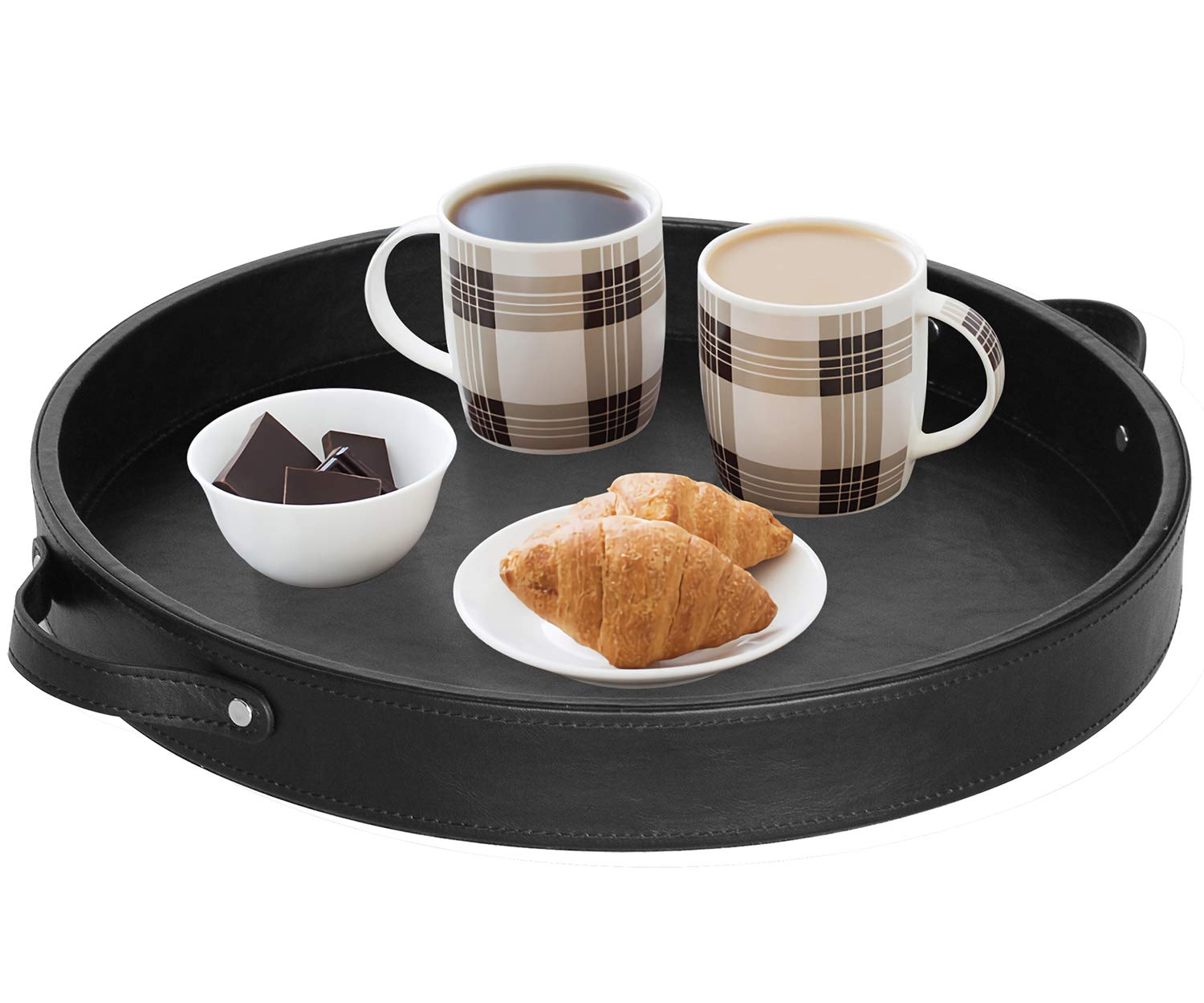 HofferRuffer 14.6-inch Round PU Leather Serving Tray with Handles - Decorative Vanity Catchall Tray, Coffee Table Tray for Home & Office (Black) | Perfect for Serving Drinks, Organizing Jewelry, or Displaying Decor