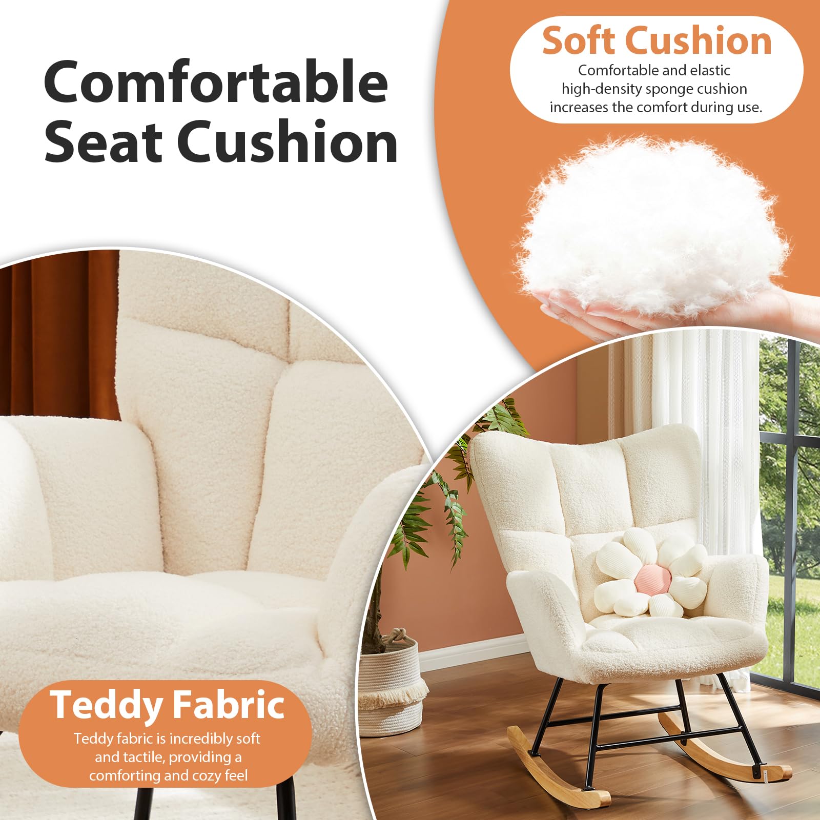 NEWBULIG Nursery Rocking Chair - Teddy Upholstered Glider Accent Armchair with High Backrest, Beige - Comfortable Rocking Chair for Nursery, Bedroom & Living Room - Perfect for Breastfeeding, Reading & Relaxing