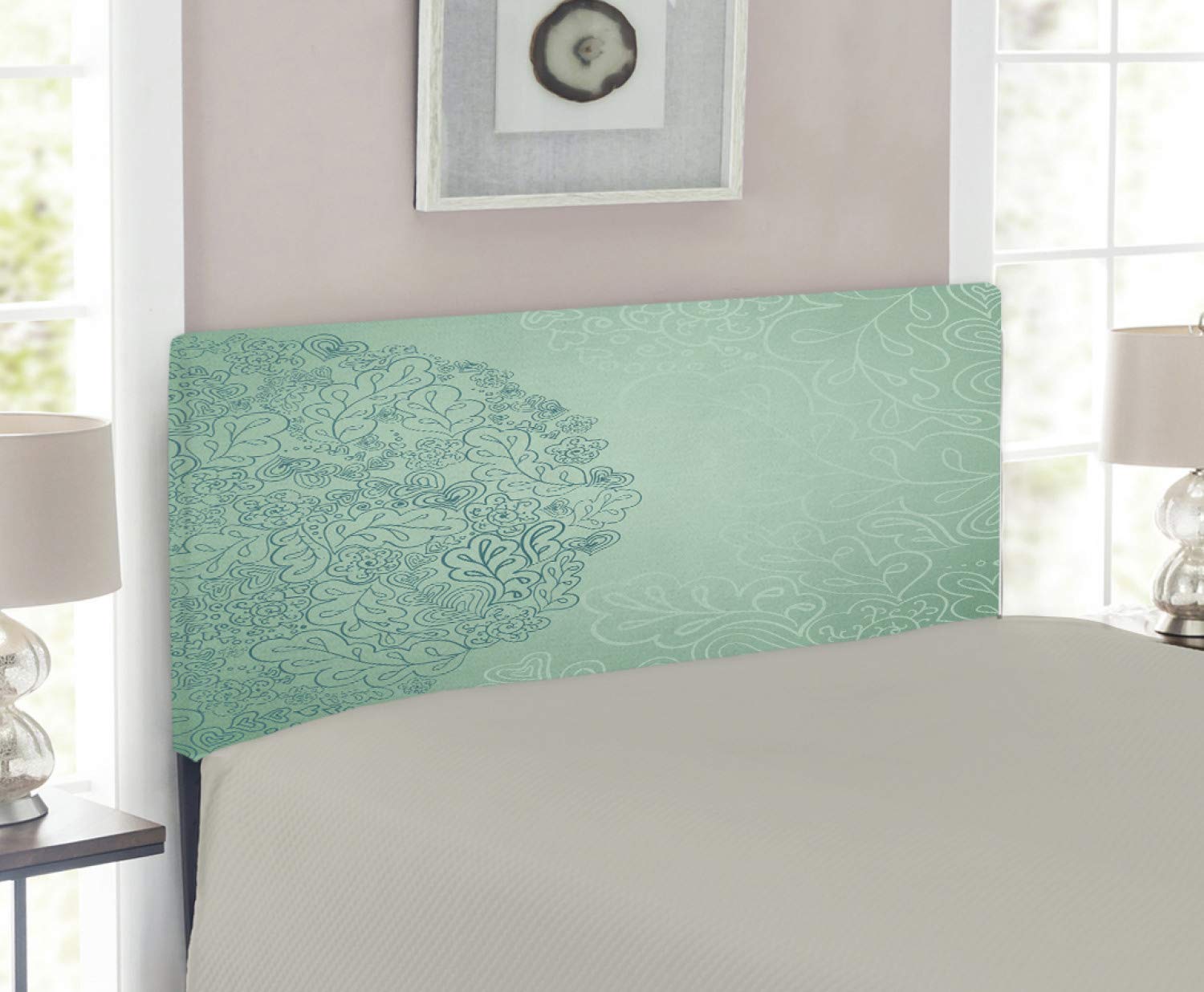 Ambesonne Mint Floral Headboard - Twin Size Upholstered Metal Bed Frame with Memory Foam, Botanical Leaf Pattern in Teal Turquoise | Perfect for Bedroom Decor, Guest Rooms & Cozy Home Makeovers