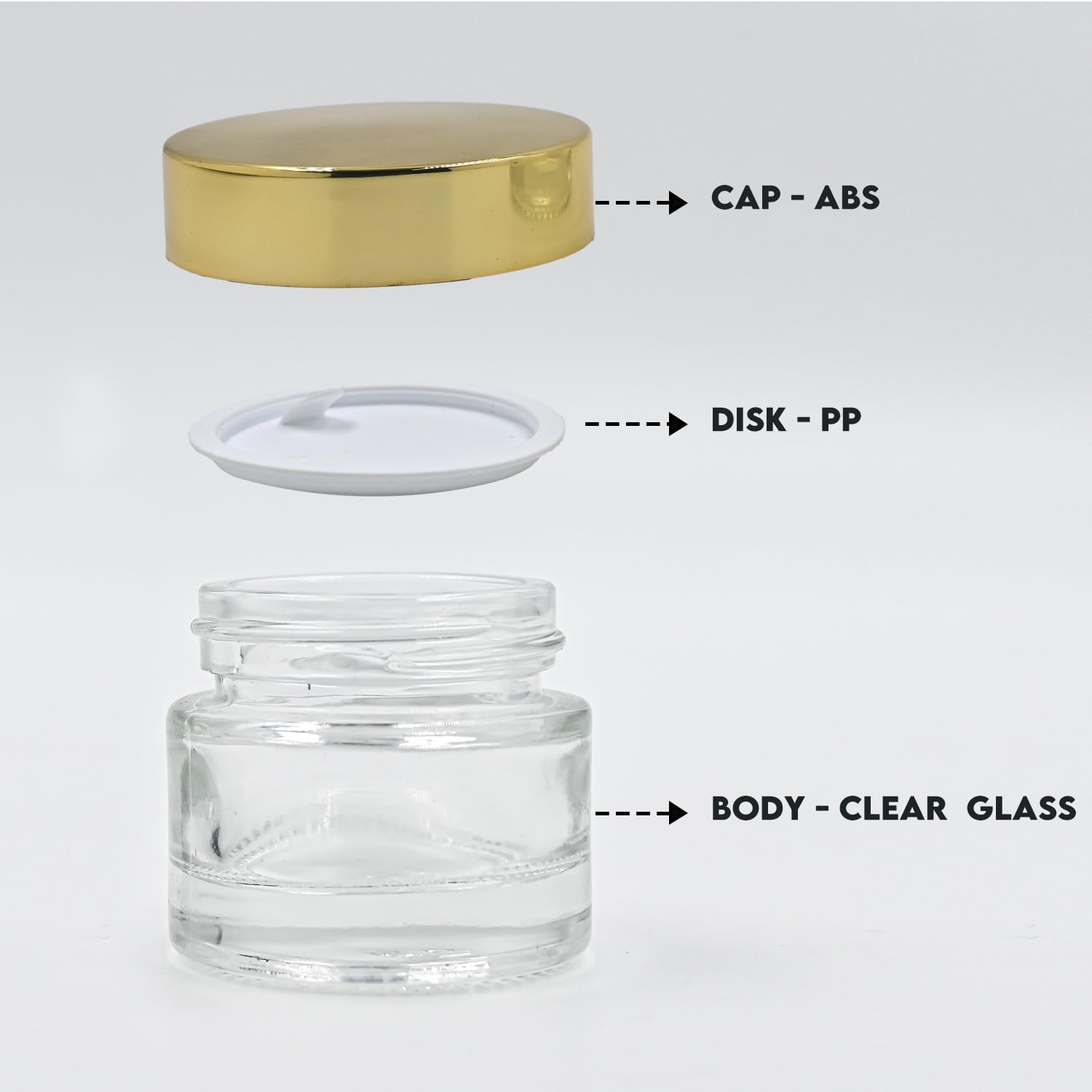 50ml Clear Round Empty Glass Cosmetic Jars with Gold Cap & White Lids - 3 Pack | For Creams, Balms, Face Scrubs & Body Lotions | Perfect for DIY Skincare, Travel Size Products & Gift Packaging
