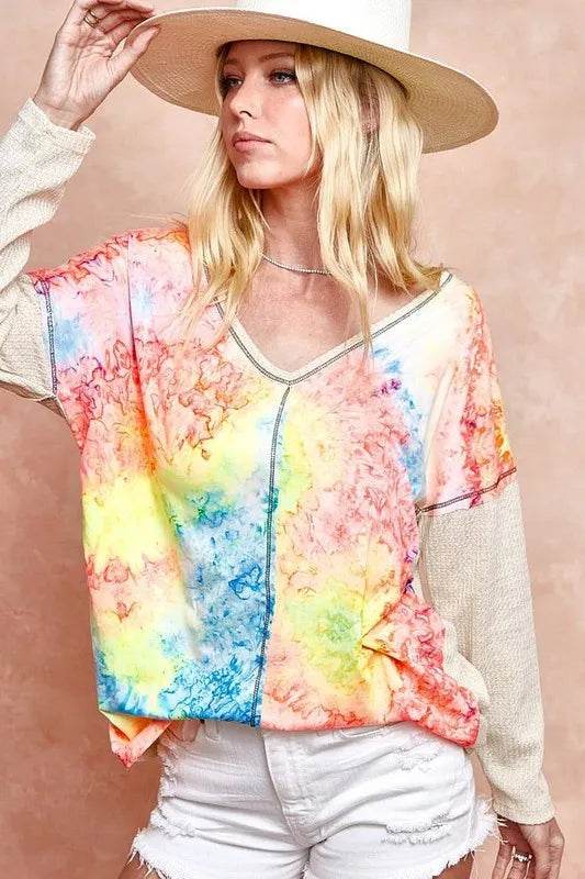BiBi Print Block V Neck Top with Contrast Stitching - Stylish Women's Casual Blouse for Work, Date Night & Summer Outfits