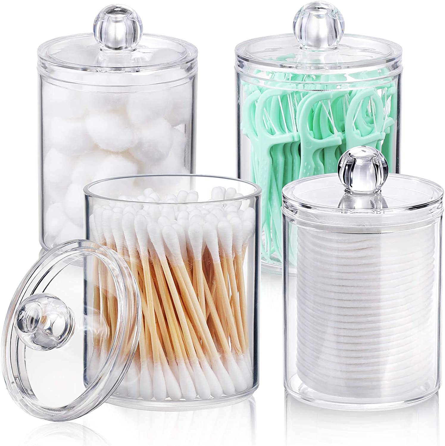 AOZITA 4-Pack Clear Plastic Apothecary Jars - 10 oz Cotton Ball Holder & Makeup Organizer for Bathroom Vanity, Cotton Pads, Swabs, Round Pads & Dental Floss Storage - Perfect for Home, Salon & Spa Organization