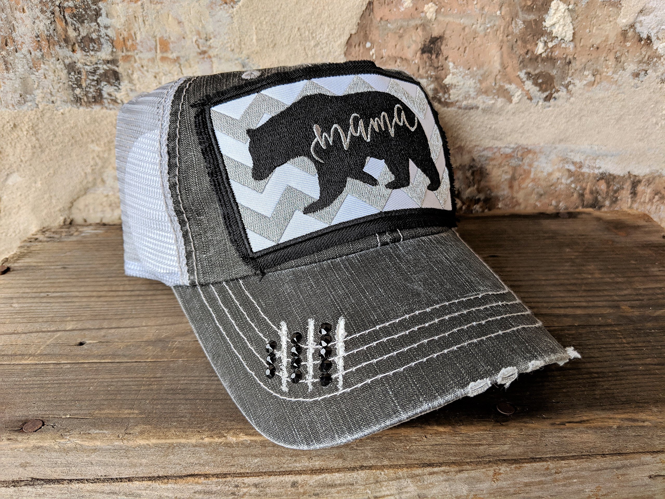 Women's Mama Bear Embroidered Patch Baseball Cap - Adjustable Mesh Back Trucker Hat in Dark Grey/Black | Lightweight Mother's Day Birthday Gift with Optional Rhinestone Personalization | Perfect for Outdoor Activities, Casual Wear & Special Occasions
