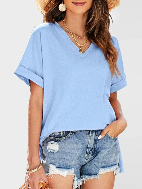 Women's Solid V-Neck T-Shirt - Soft Cotton Casual Tee for Everyday Wear, Workout & Layering