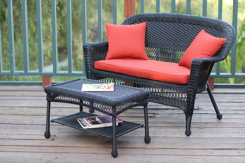 Jeco Wicker Patio Set - Love Seat & Coffee Table with Cushions for Outdoor Relaxation