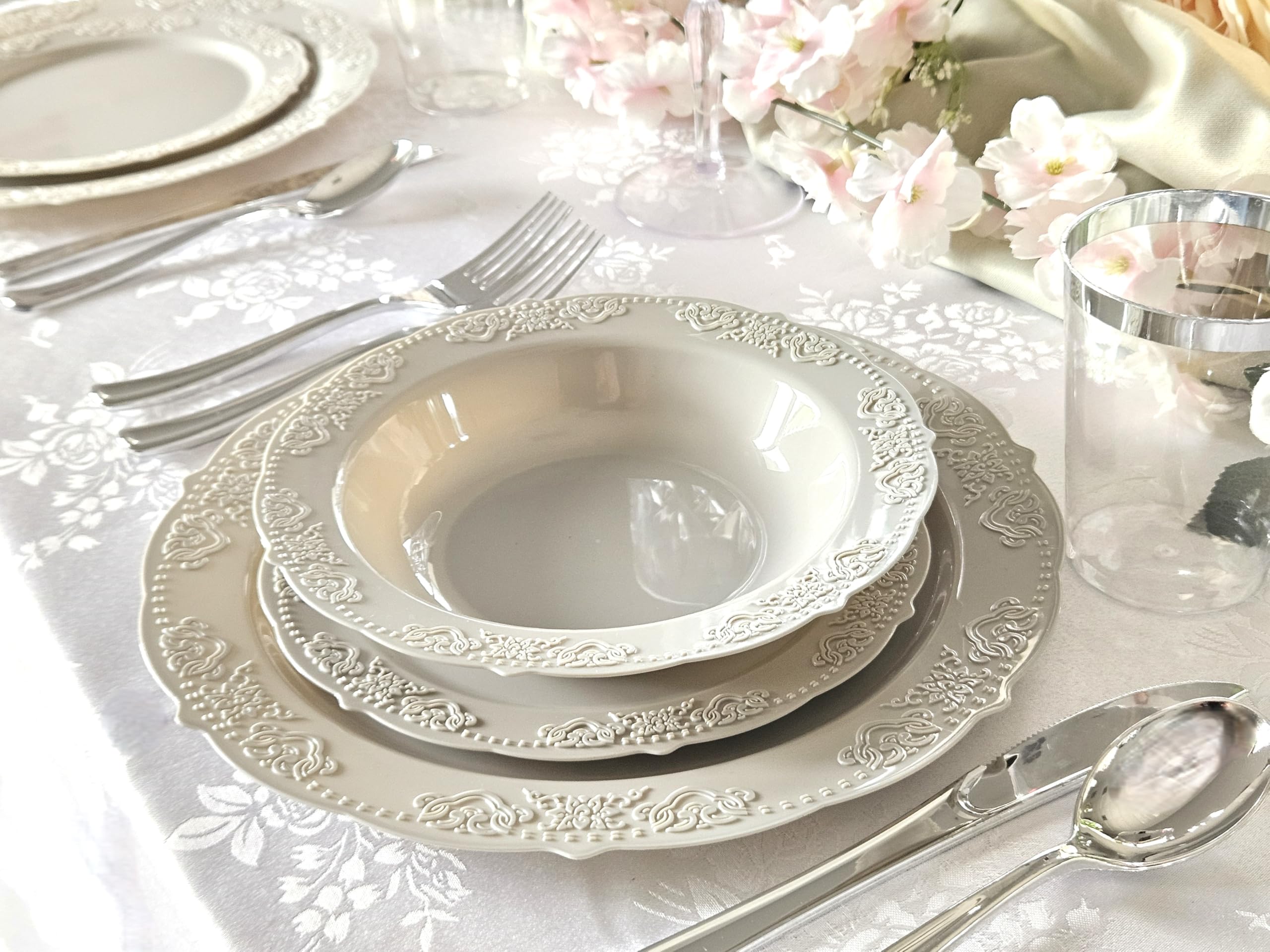 60 Pack Vintage Disposable Plastic Plates & Bowls - 10oz Soup Bowls for Wedding, Party, Picnic, BBQ - Elegant Warm Gray Portofino Design
