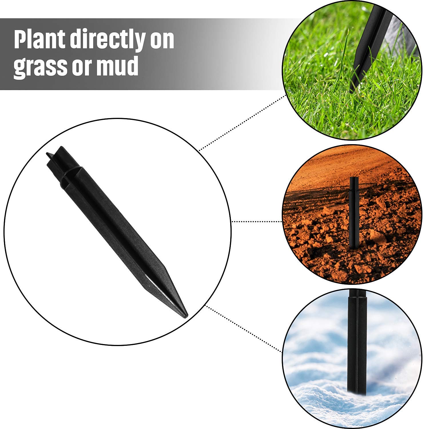 Blulu 8.25 Inch Black Plastic Ground Spikes Stakes - 16 Pack Solar Light Stakes for Garden, Pathway & Landscape Lighting - Durable Outdoor Decoration for Yard, Lawn & Walkway