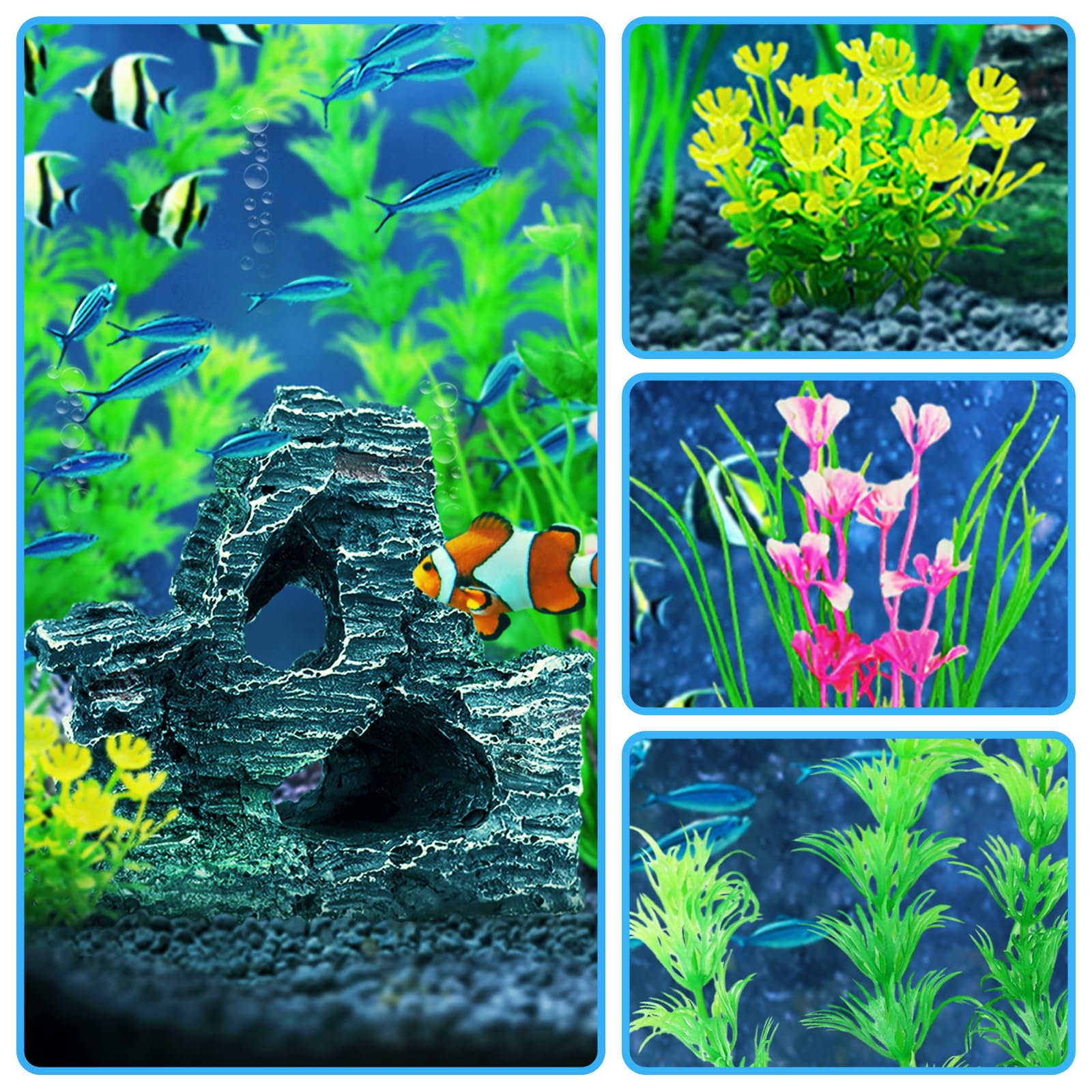 9pcs Artificial Aquarium Plants with Cave Rock Decor Set - Green Plastic Fish Tank Plants for Aquascaping & Betta Fish Habitat | Perfect for Freshwater Tanks, Home & Office Aquarium Decorations
