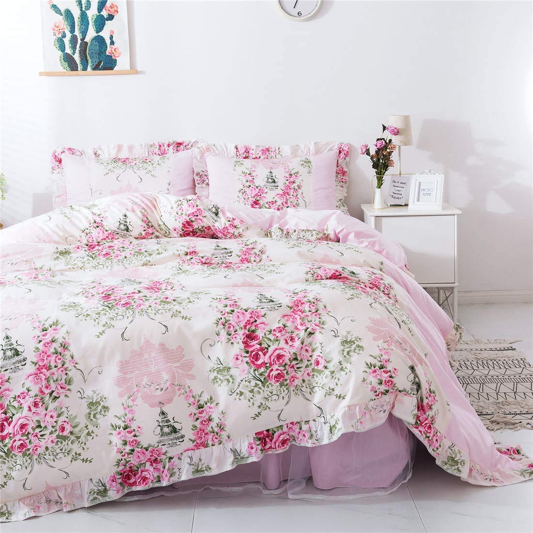 FADFAY Pink Rose Floral Print Duvet Cover Set - 4 Piece Full Size Bedding for Girls | Soft & Breathable Home Textile | Perfect for Teen Bedrooms, Dorm Decor & Gift Ideas