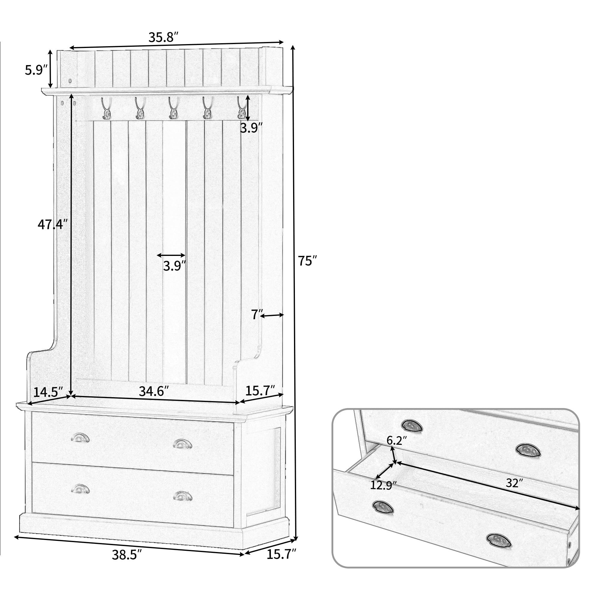 Polibi Hall Tree Storage Bench with 5 Metal Hooks & 2 Large Drawers - Entryway Coat Rack Organizer with Metal Handles, Black - Perfect for Mudroom, Foyer & Small Space Organization