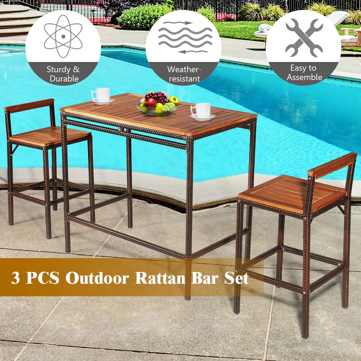 Tangkula 3-Piece Outdoor Bar Table Set - Acacia Wood Top Rattan Bistro Set with 2 Bar Stools for Patio, Backyard, Balcony & Dining Room | Perfect for Outdoor Entertaining, Alfresco Dining & Small Space Decor