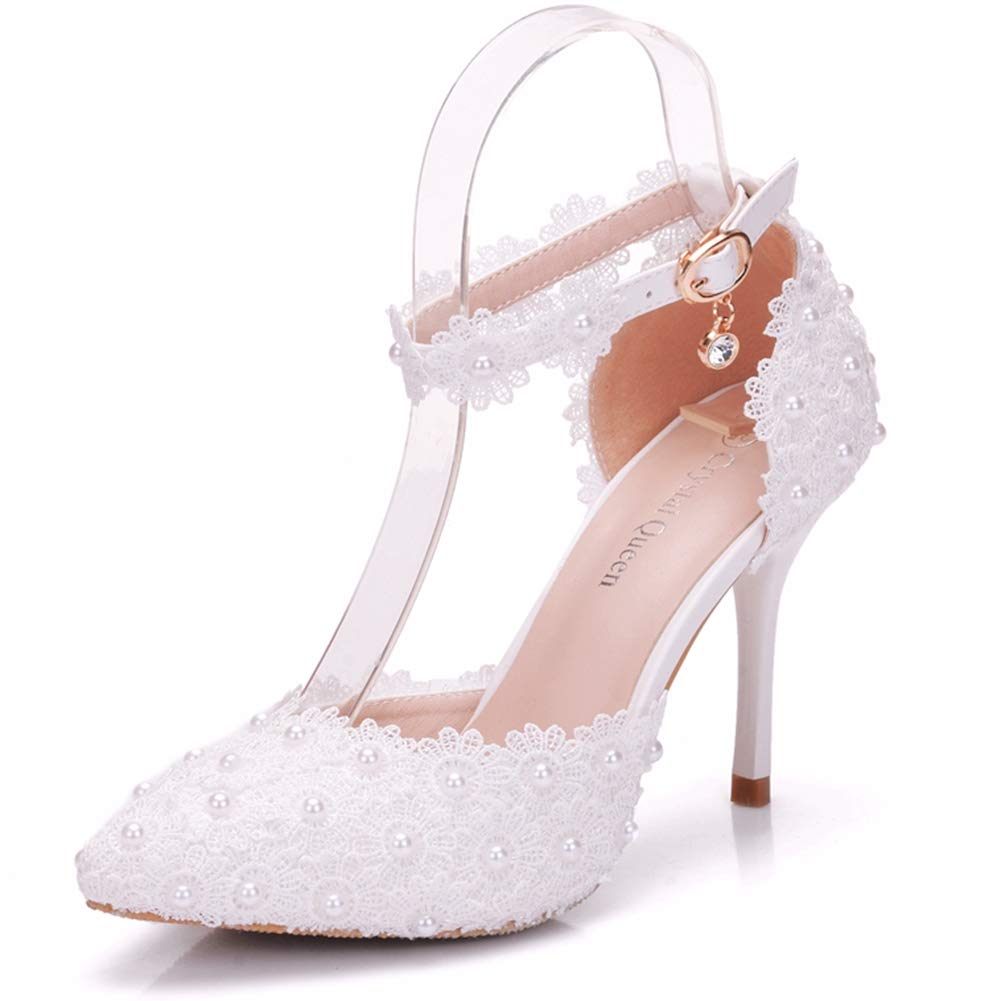 Elegant White Lace Pearl Wedding Heels for Women - Pointed Toe Bridal Sandals for Bride, Bridesmaid & Formal Occasions