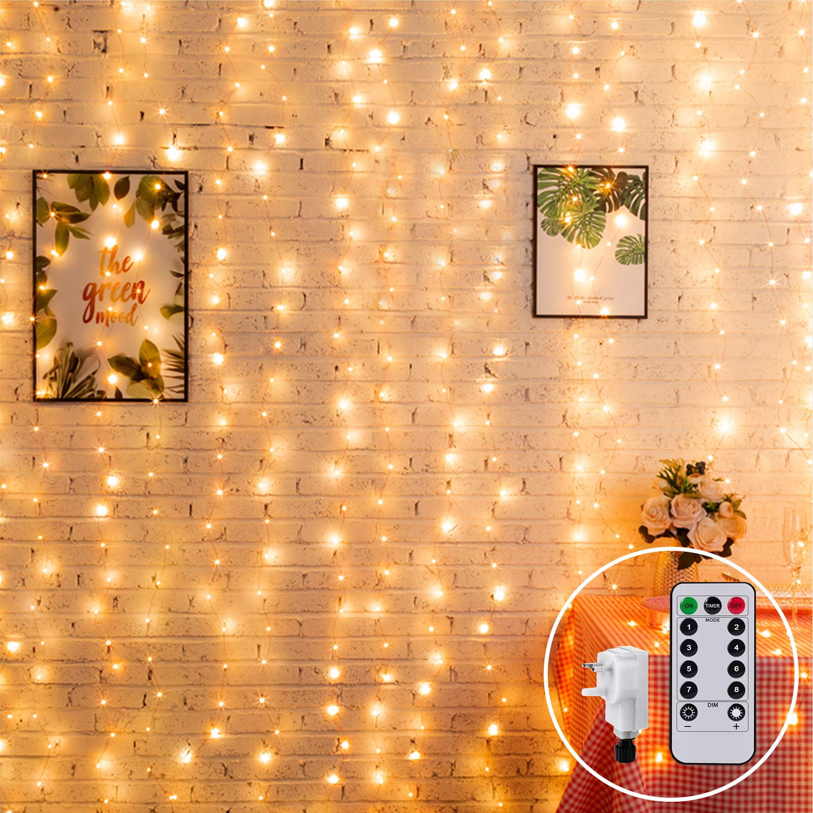 2M x 2M Waterproof LED Curtain Lights - 204 Warm White Fairy String Lights with Remote Control, Linkable Design for Indoor/Outdoor Use - Perfect for Christmas Decor, Gazebo, Bedroom, Wedding Backdrop & Party Lighting