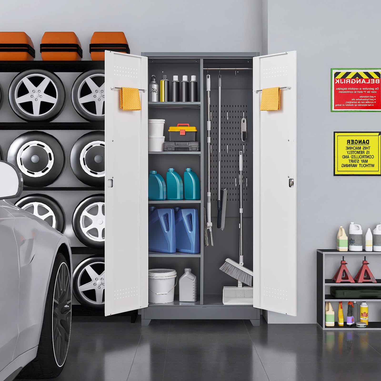Broom Storage Cabinet with Hanging Rod & S-Hooks - Cleaning Supplies Organizer for Office, Garage, Laundry Room - Space Saving Utility Closet for Mops, Brooms and Cleaning Tools