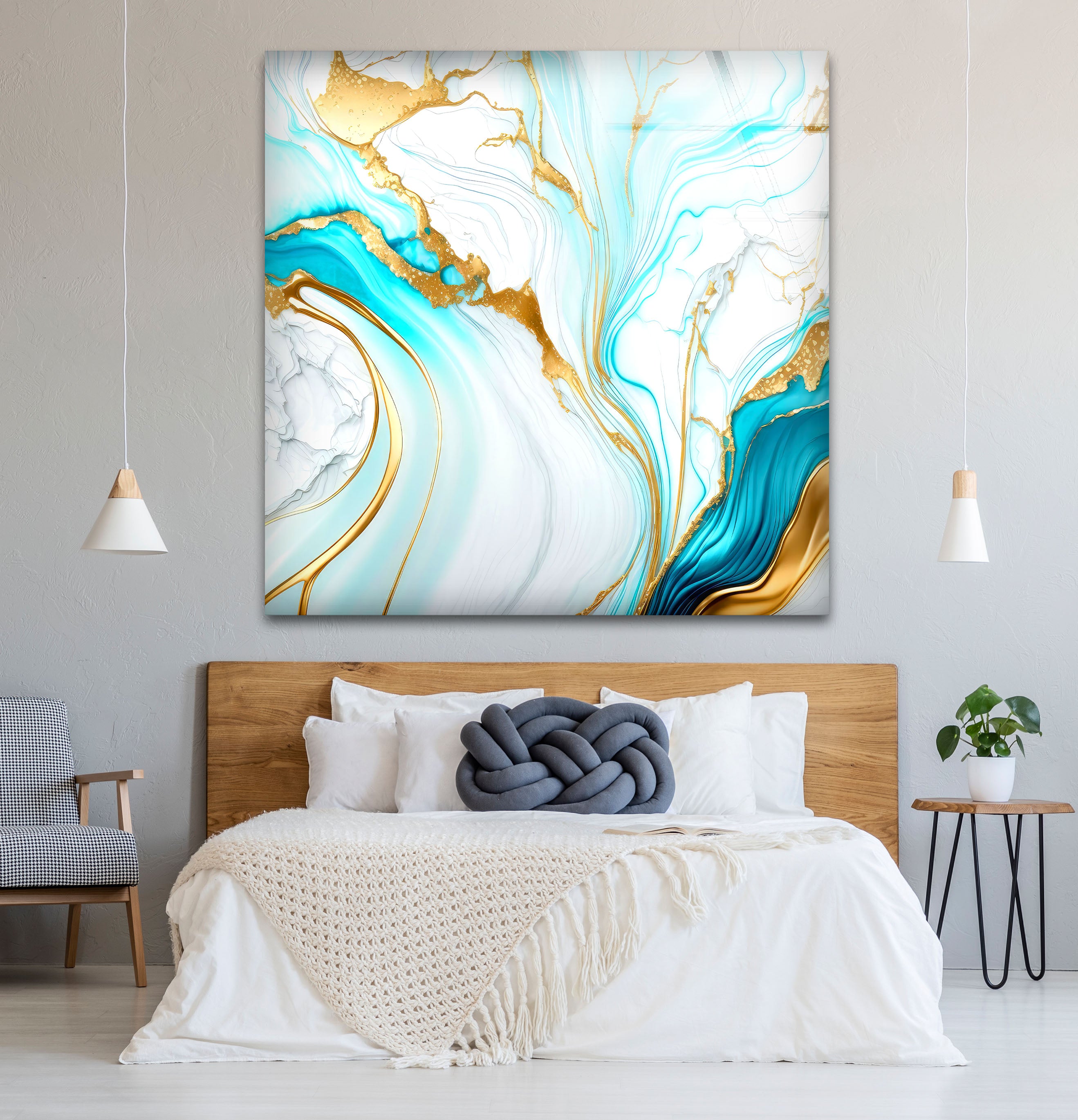 Blue and Gold Marble Wall Art - Elegant Abstract Fluid Glass Print for Living Room, Bedroom & Office Decor | Modern Home Wall Decorations