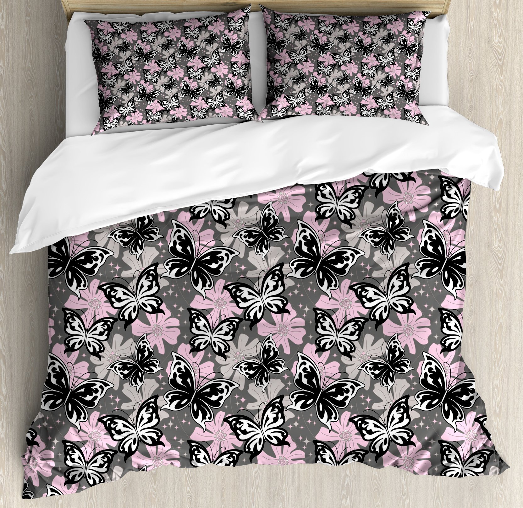 Ambesonne Queen Size Butterfly Duvet Cover Set - 3 Piece Bedding with 2 Pillow Shams, Ornamental Floral Design in Taupe Pink & Black - Perfect for Romantic Bedroom Decor, Summer Themed Home Styling & Nature-Inspired Interior Design