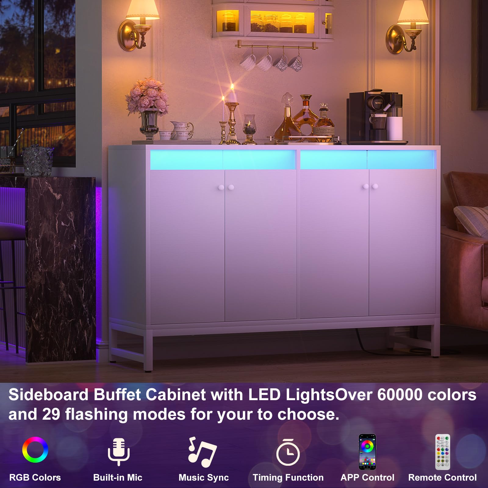 Aheaplus Modern Sideboard Buffet Cabinet with Built-in Power Outlet & LED Lighting - Kitchen Storage Cabinet with Doors - Accent Cupboard Buffet Table for Dining Room, Living Room, Hallway - Perfect for Home Decor & Entertaining - White