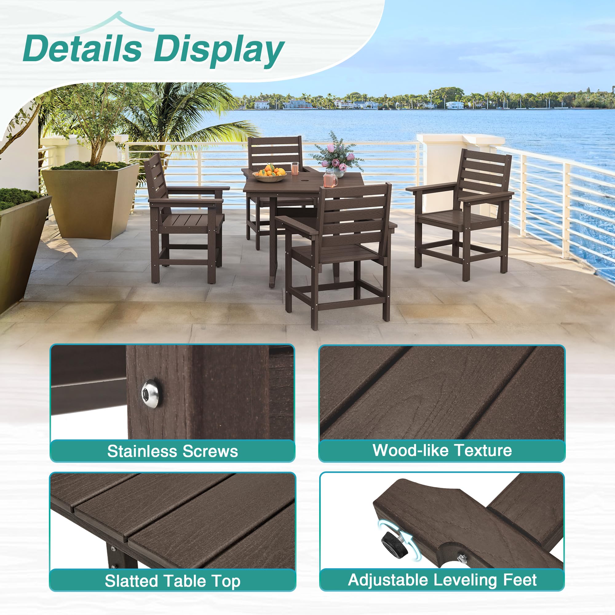 5-Piece Outdoor Dining Set - HDPE Weather-Resistant Patio Table & Chairs with Umbrella Hole - Square Balcony Furniture Set (Dark Brown) - Perfect for Backyard, Garden & Poolside Entertaining