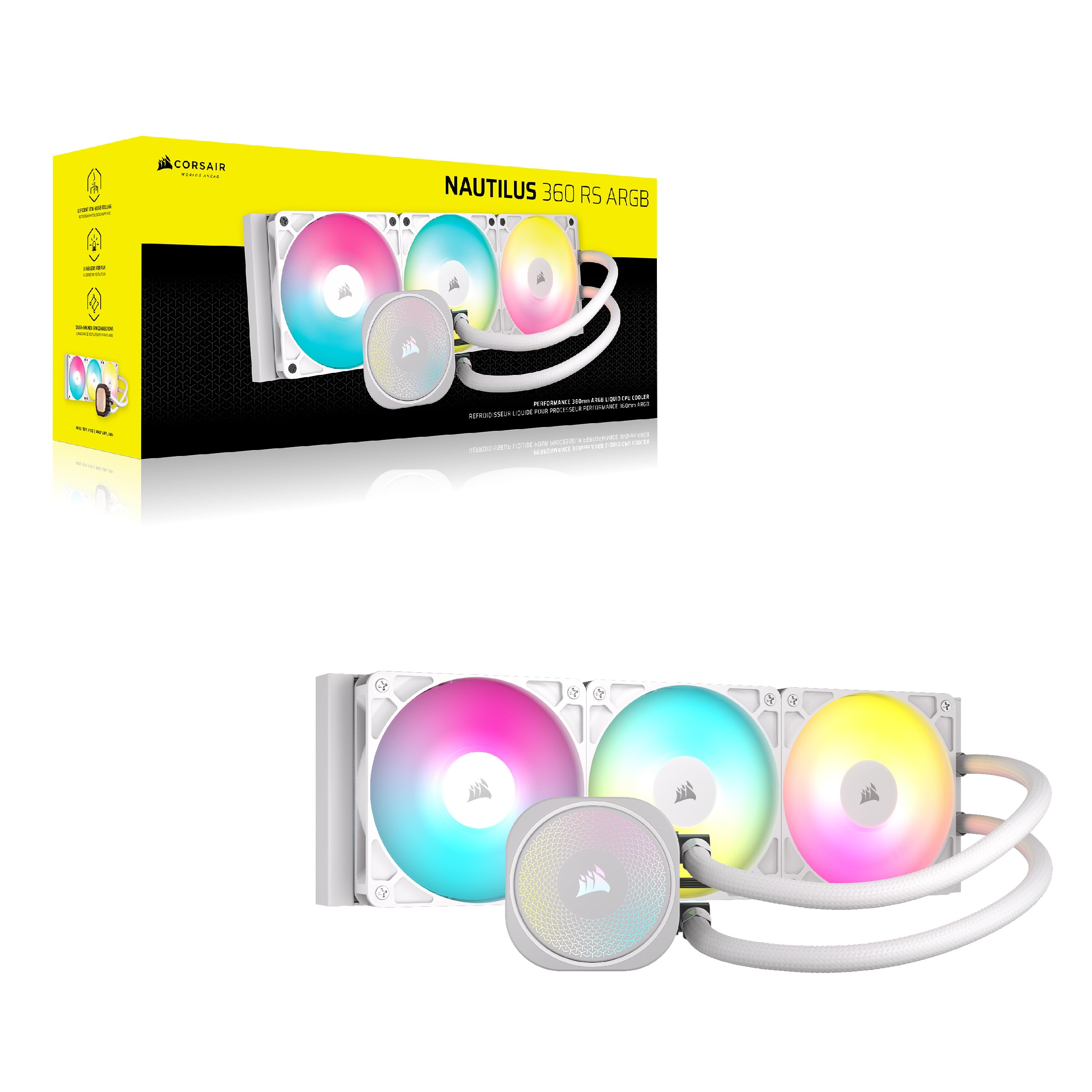 CORSAIR Nautilus 360 RS ARGB Liquid CPU Cooler - 360mm AIO RGB Water Cooling System with Low-Noise Pump & 3x RS120 ARGB Fans - Compatible with Intel LGA 1851/1700 & AMD AM5/AM4 - White - Perfect for Gaming PCs, Workstations, and High-Performance Cooling Solutions