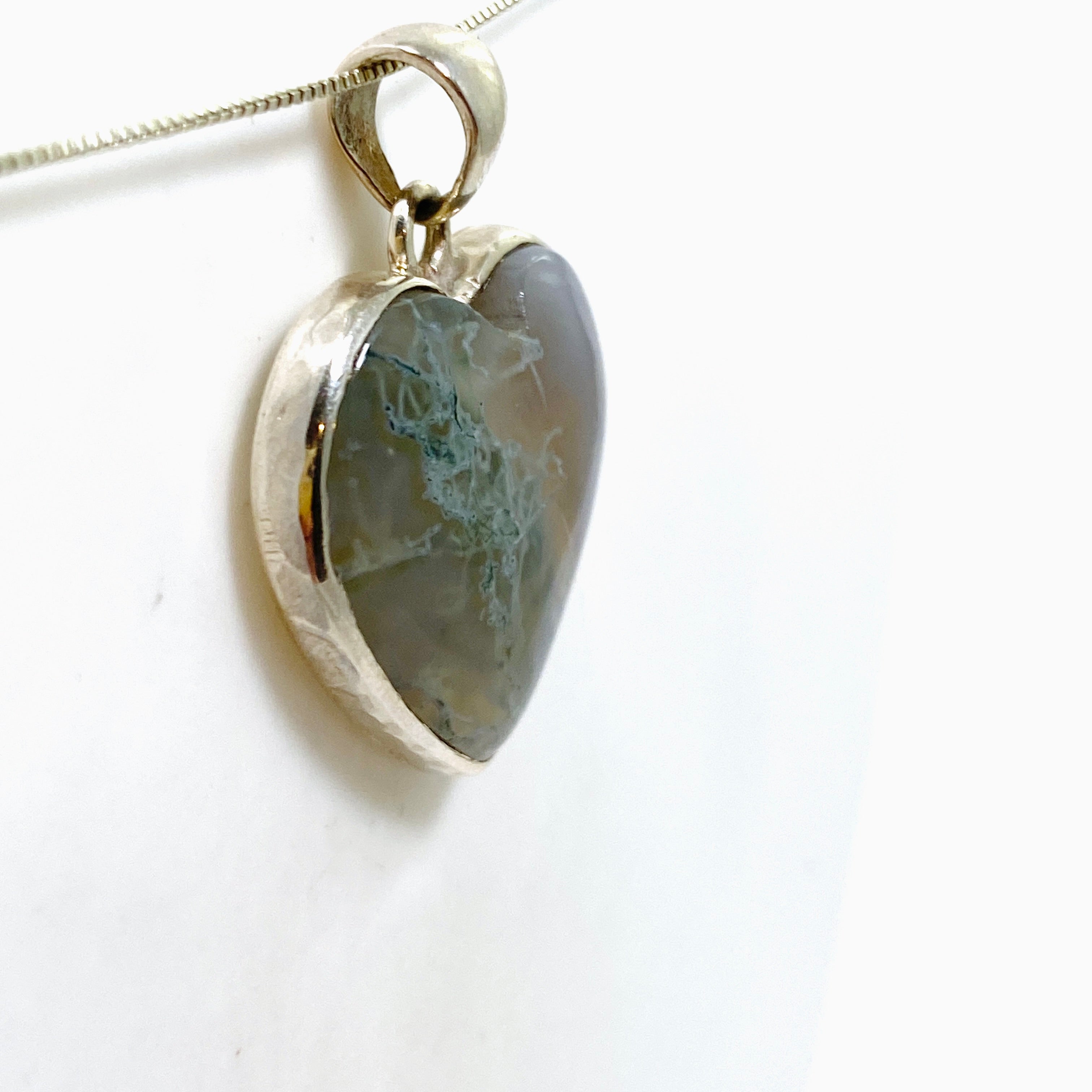 Natural Moss Agate Heart Cabochon Pendant in Hammered Sterling Silver Setting KPGJ4703 - Perfect for Jewelry Making, Gifts & Spiritual Healing