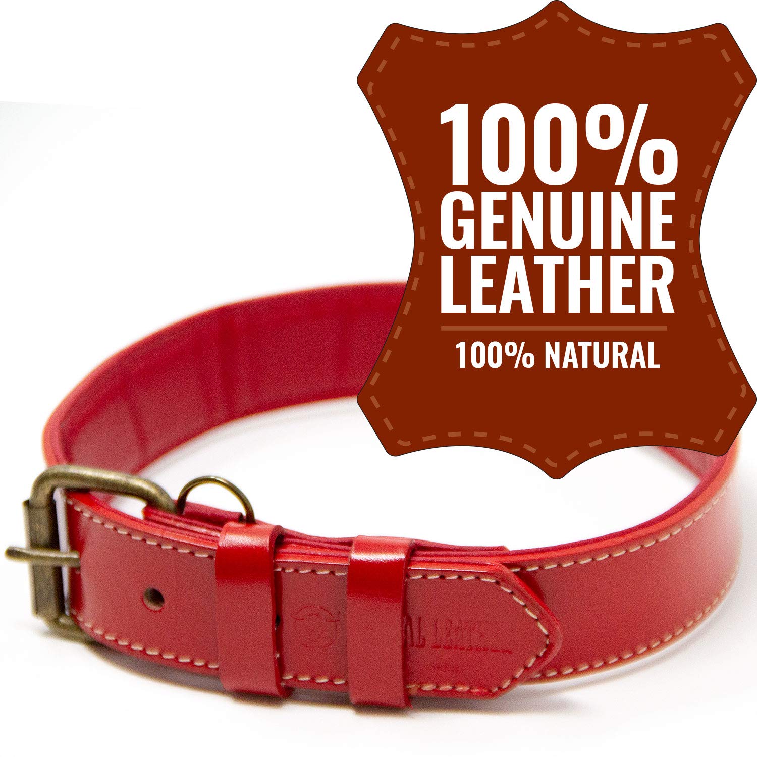 Premium Full Grain Leather Dog Collar for Large Dogs - Padded Comfort & Durable Design (Red, XL) - Perfect for Daily Walks, Training & Outdoor Adventures