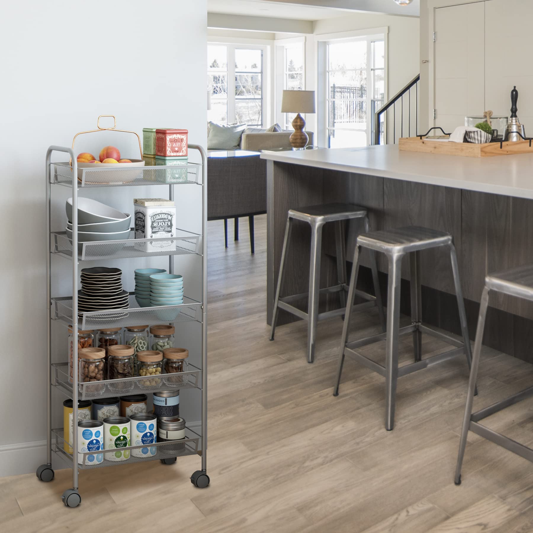 SOMY 5-Tier Mesh Rolling Storage Cart with Lockable Wheels & Removable Baskets - Multifunctional Organizer for Kitchen, Bathroom, Bedroom - 4 Free Casters, Silver (11D x 18.7W x 41.4H Inches) - Perfect for Home Organization, Pantry Storage & Small Space Living