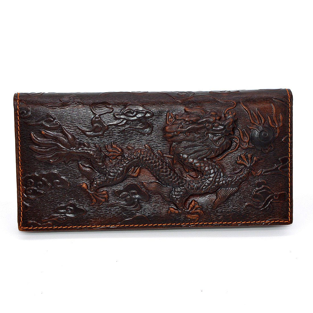 Men's Genuine Leather Wallet with RFID Blocking - Brown Dragon Embossed Credit Card Holder for Everyday Use & Travel