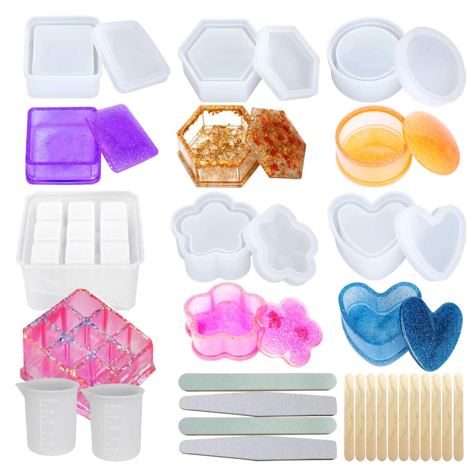 26 PCS Silicone Resin Molds Set - 6 Box Molds & 9-Slot Epoxy Molds (Square/Heart/Round) with Measuring Cup for DIY Crafts, Jewelry Making, Candle Holders - Perfect for Resin Art, Home Decor & Gift Making