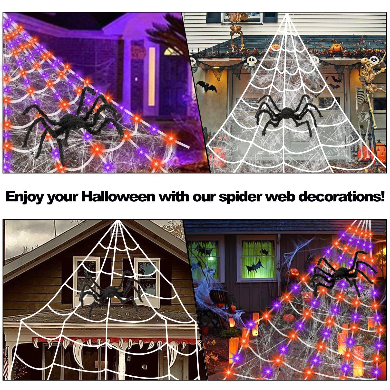 16.4ft Giant LED Spider Web Halloween Decorations with Purple & Orange Lights - 36'' Black Scary Spider Web for Outdoor Yard, Garden & Party Decor | Perfect for Halloween Night, Haunted House Themes & Spooky Outdoor Displays