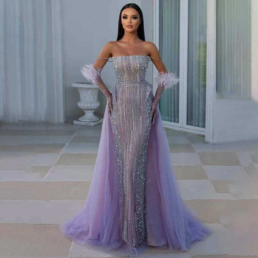 Elegant Lilac Mermaid Evening Dress with Feather Beaded Overskirt & Gloves for Women - 2025 Formal Gowns for Prom, Wedding, Gala & Special Occasions - LA72029