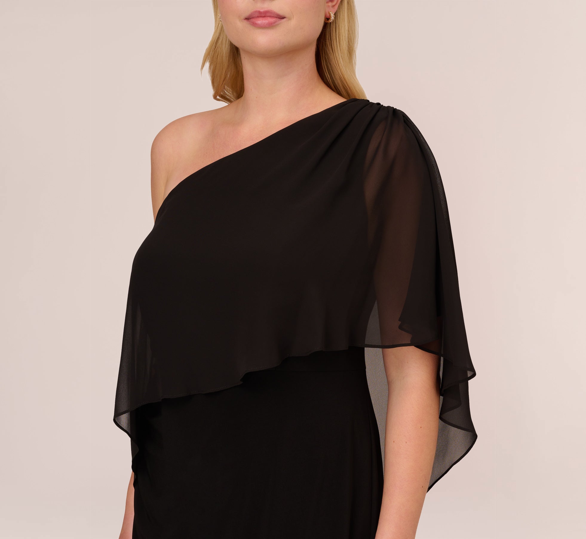 Elegant Plus Size One Shoulder Dress with Flowy Chiffon Cape - Black | Formal Evening Gown for Women | Perfect for Weddings, Parties & Special Occasions