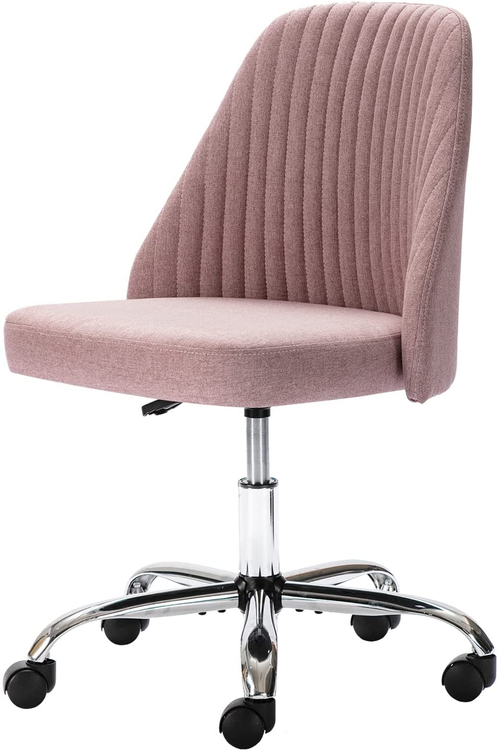 Ergonomic Home Office Desk Chair - Adjustable Low Back Rolling Vanity Chair with Wheels, Modern Twill Upholstered Cute Chair for Bedroom, Classroom & Dressing Room - Rose Pink - Perfect for Remote Work, Online Classes & Makeup Stations
