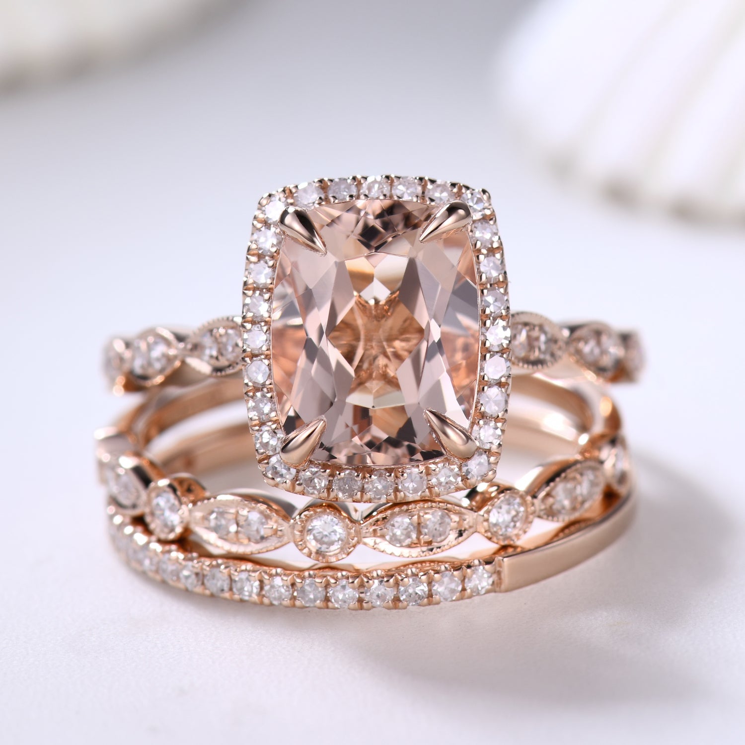 3-Piece 7x9mm Cushion Cut Morganite Bridal Ring Set with Diamond Art Deco Wedding Band – Elegant Engagement & Anniversary Jewelry for Women