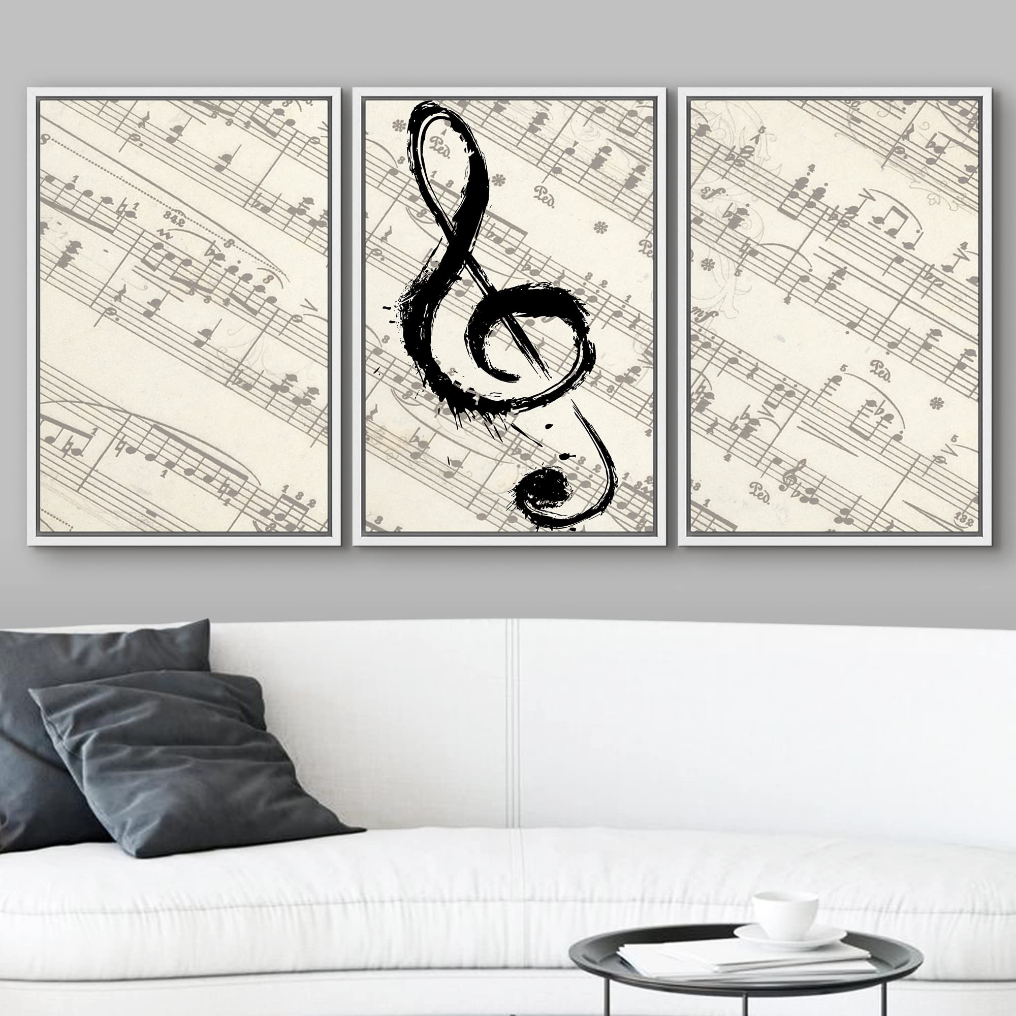 wall26 - Framed Canvas Art Wall Decor - Music Note on Score Paper - 16x24 Inches White - Perfect for Living Room, Bedroom & Office Decor