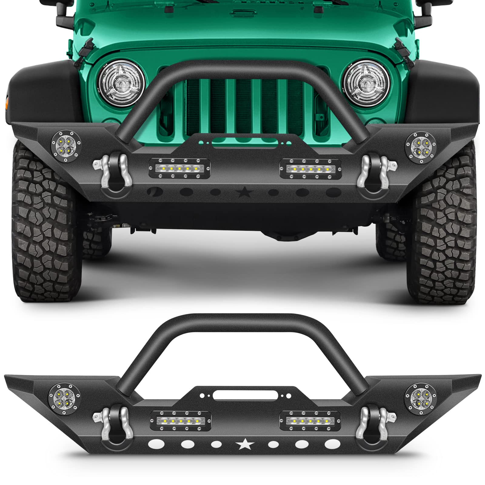 SCITOO Textured Black Front Bumper with D-Rings & Winch Plate for 2007-2018 Jeep Wrangler JK | LED Light Compatible | Off-Road Protection & Style Upgrade