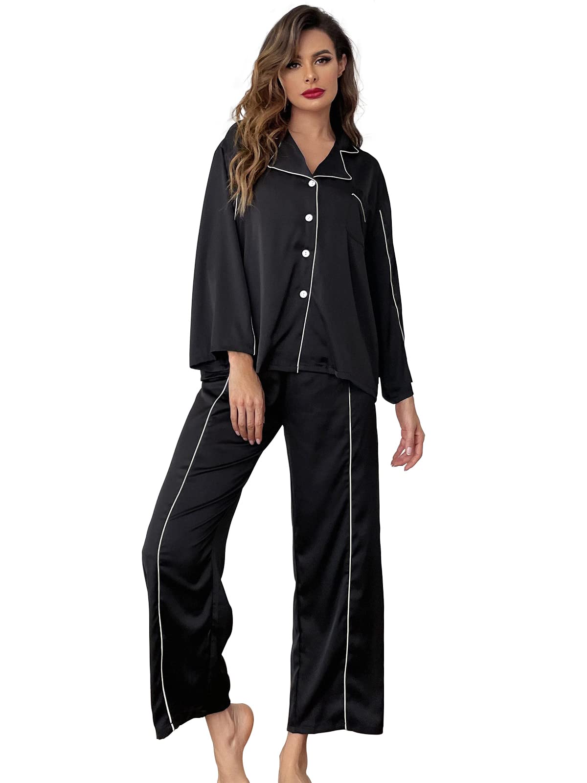 Women's Silk Pajama Set - Long Sleeve Satin Sleepwear for Lounge & Sleep