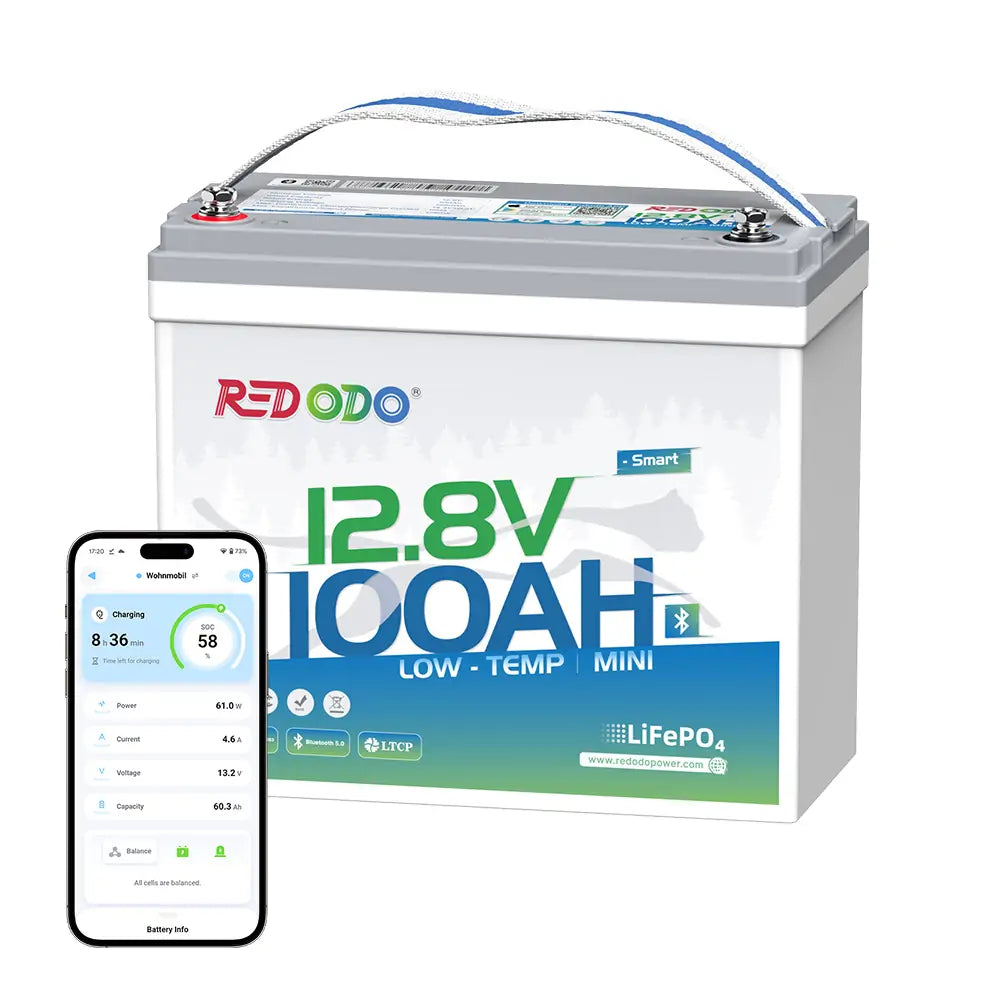 Redodo 12V 100Ah Mini Bluetooth LiFePO4 Battery - Deep Cycle Lithium Battery for RV, Marine, Solar Power - Perfect for Off-Grid Living, Camping & Backup Power