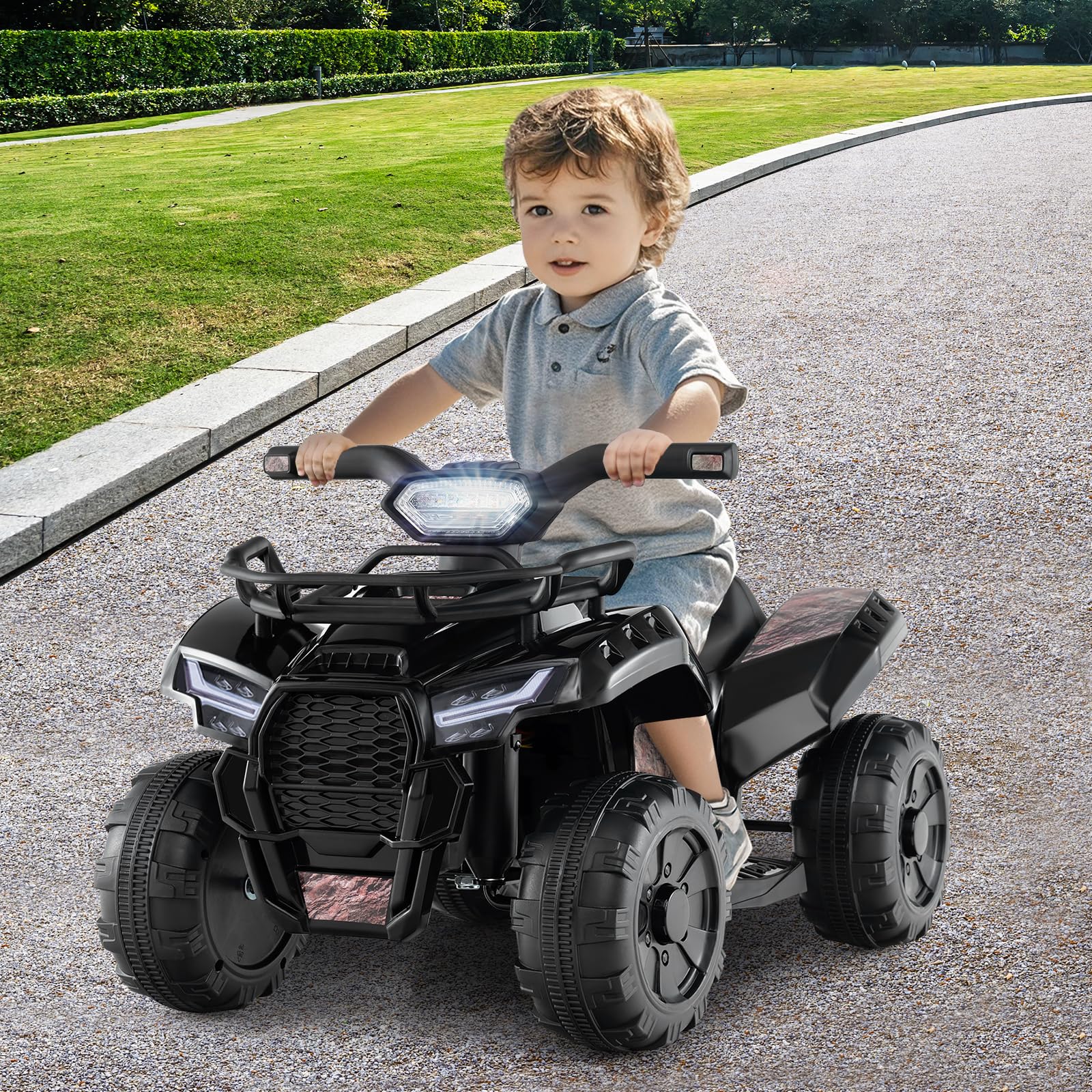 Costzon 6V Kids ATV Electric Ride-On Toy with Storage Basket, Headlight, Horn, Music, MP3 & USB - Battery Powered Four Wheeler Quad for Toddlers 18-36 Months (Black+Camo) - Perfect for Outdoor Play, Backyard Adventures & Birthday Gifts for Boys & Girls